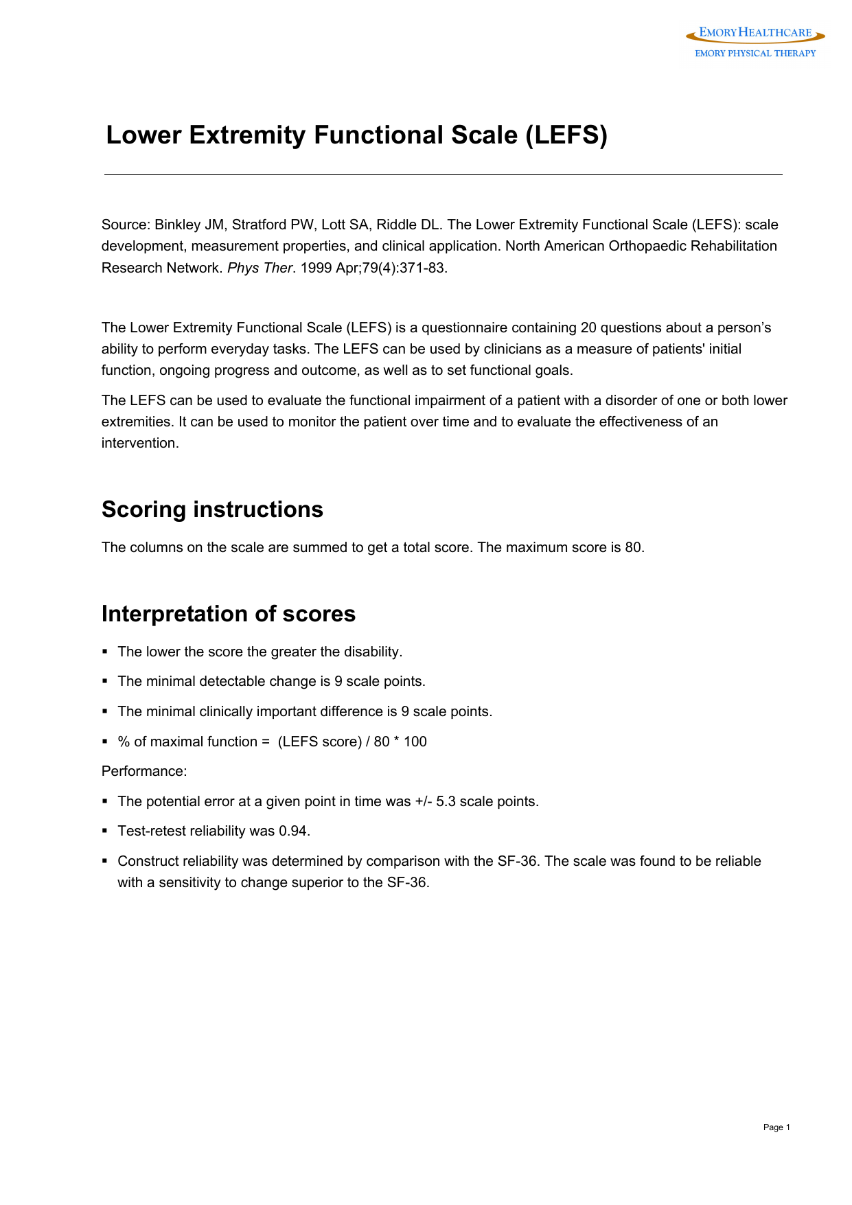 Lower Extremity Functional Scale (LEFS) PDF questionnaire for assessing lower limb function.