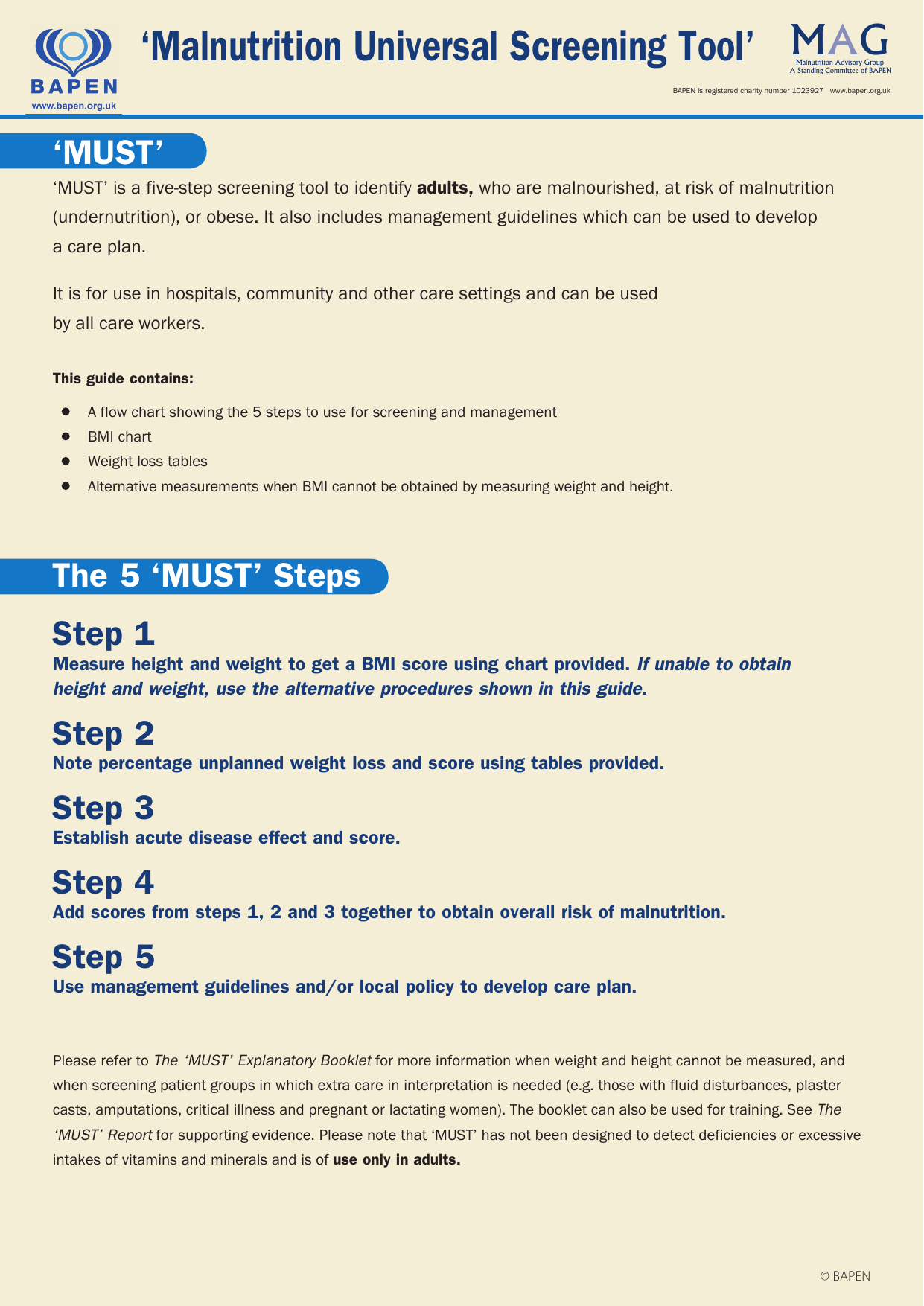 Malnutrition Universal Screening Tool (MUST) PDF assessment form for malnutrition risk.