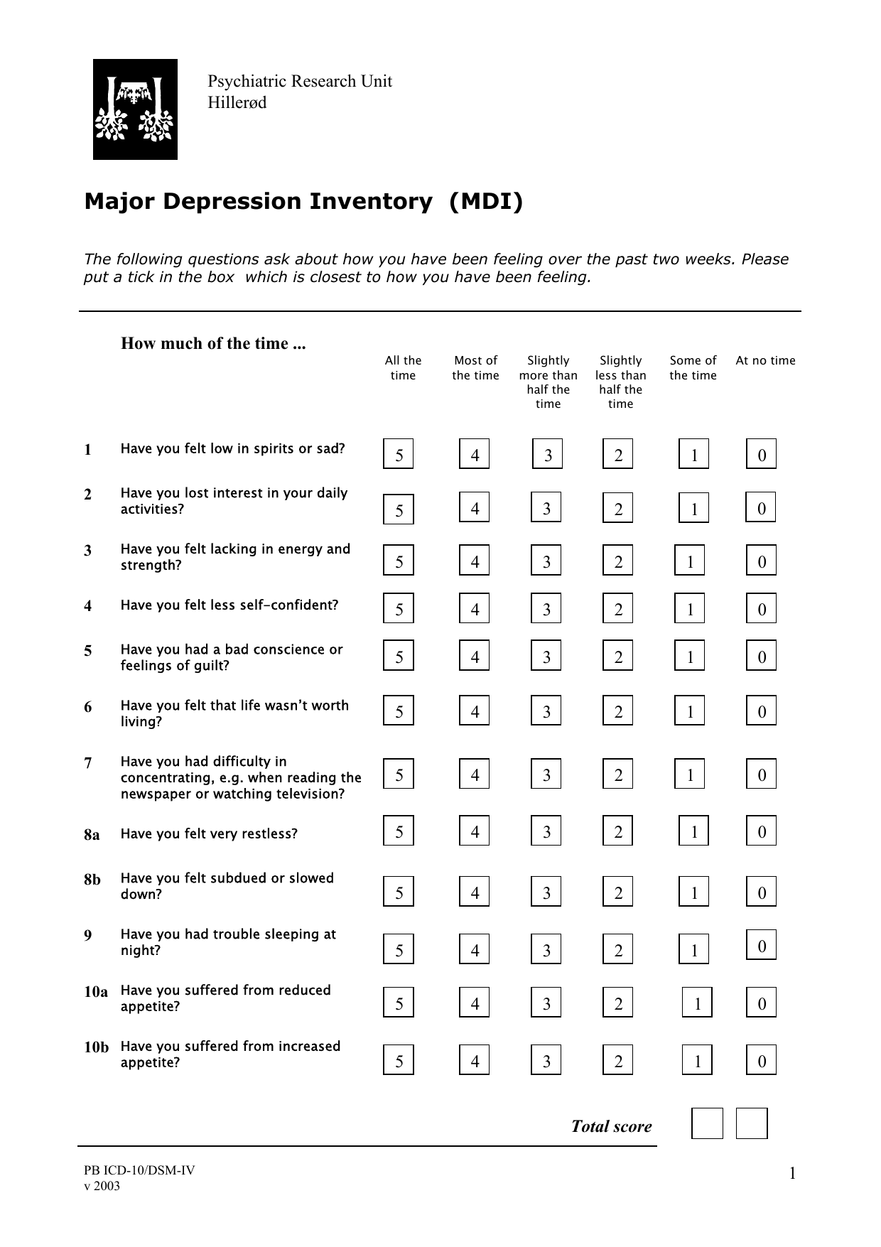 Major Depression Inventory (MDI) PDF assessment form for depression screening