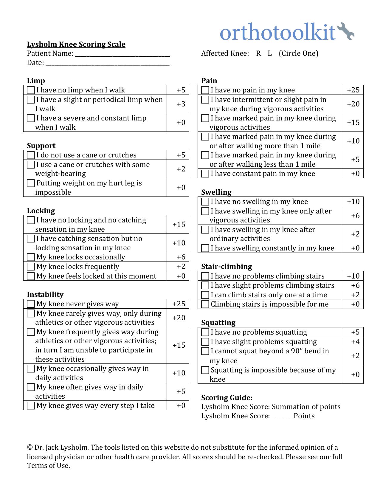 Lysholm Knee Scoring Scale PDF questionnaire for assessing knee symptoms and function.