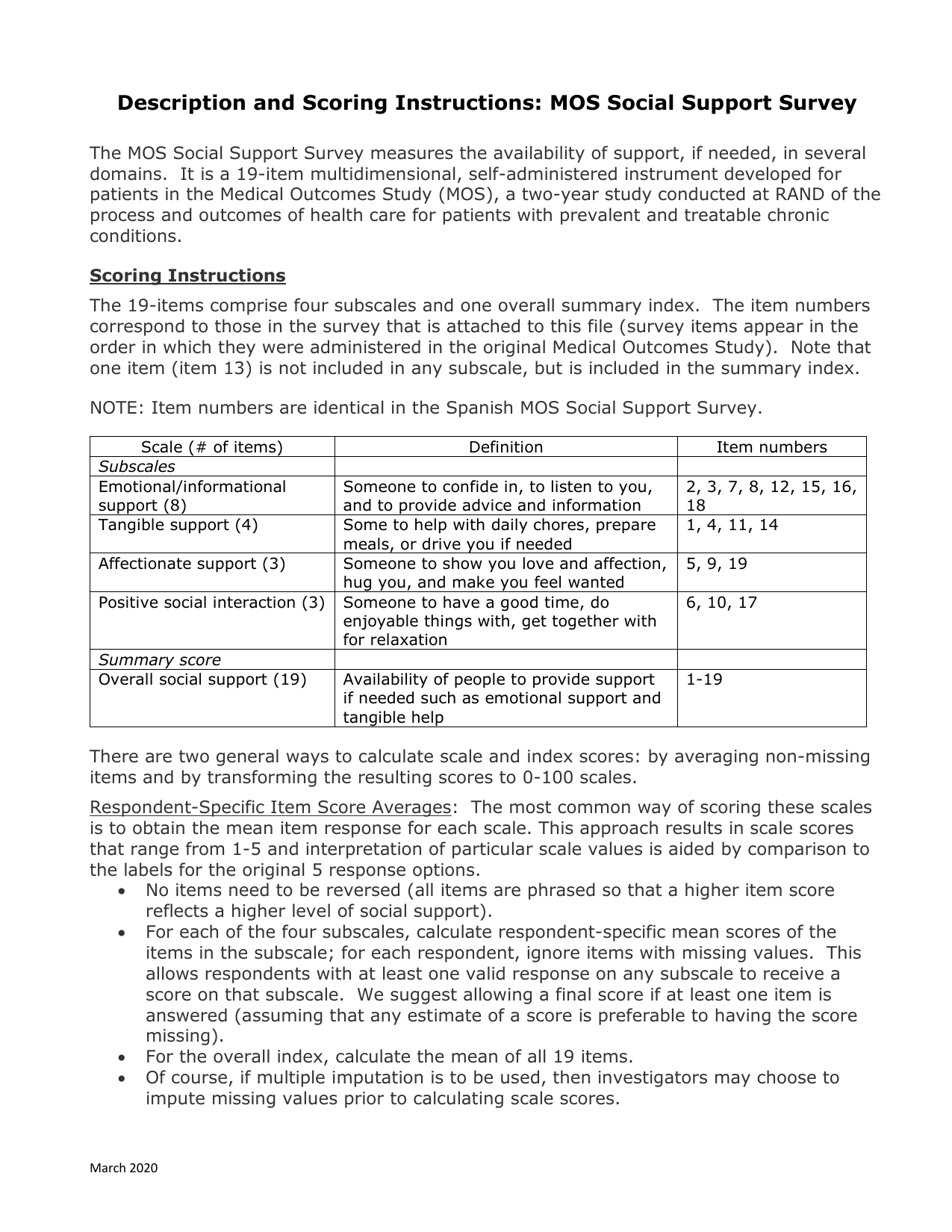 Medical Outcomes Study Social Support Survey (MOS-SSS) PDF questionnaire for assessing social support.