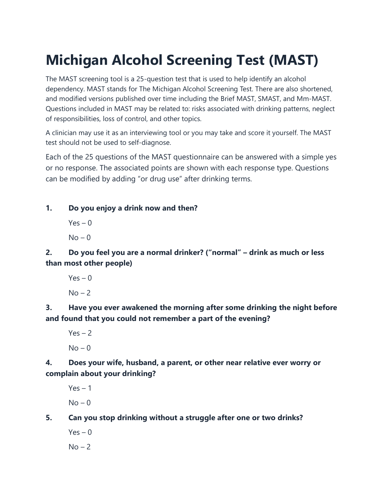 Michigan Alcoholism Screening Test (MAST) PDF assessment form for alcohol use screening