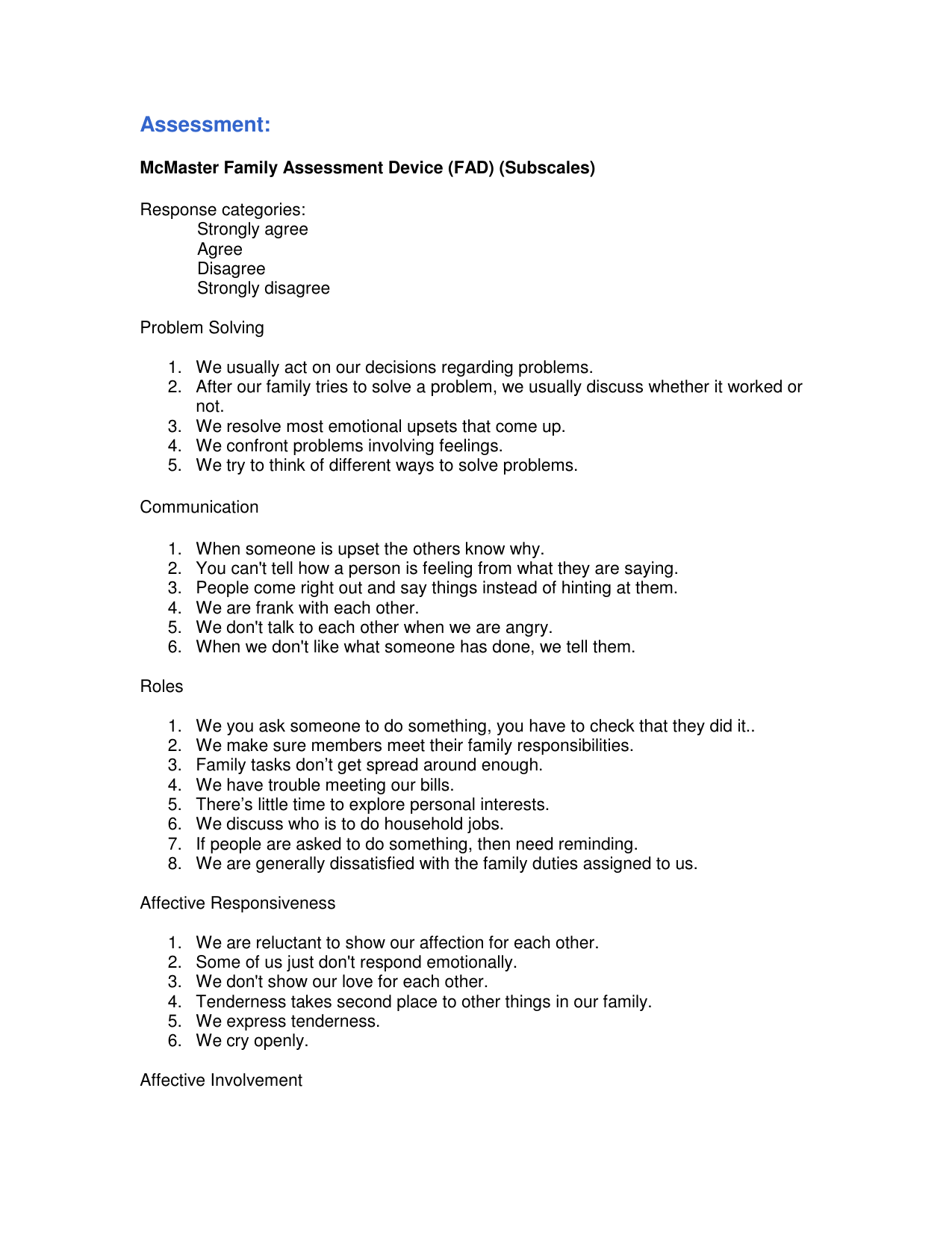 McMaster Family Assessment Device (FAD) PDF questionnaire for evaluating family functioning