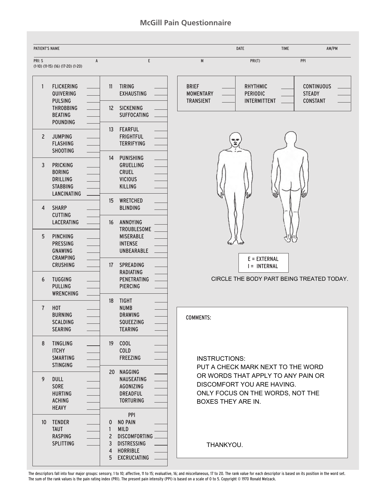 McGill Pain Questionnaire (MPQ) clinical assessment PDF form for pain evaluation