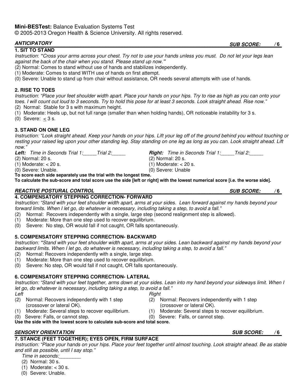 Mini Balance Evaluation Systems Test (Mini-BESTest) PDF assessment form for balance.