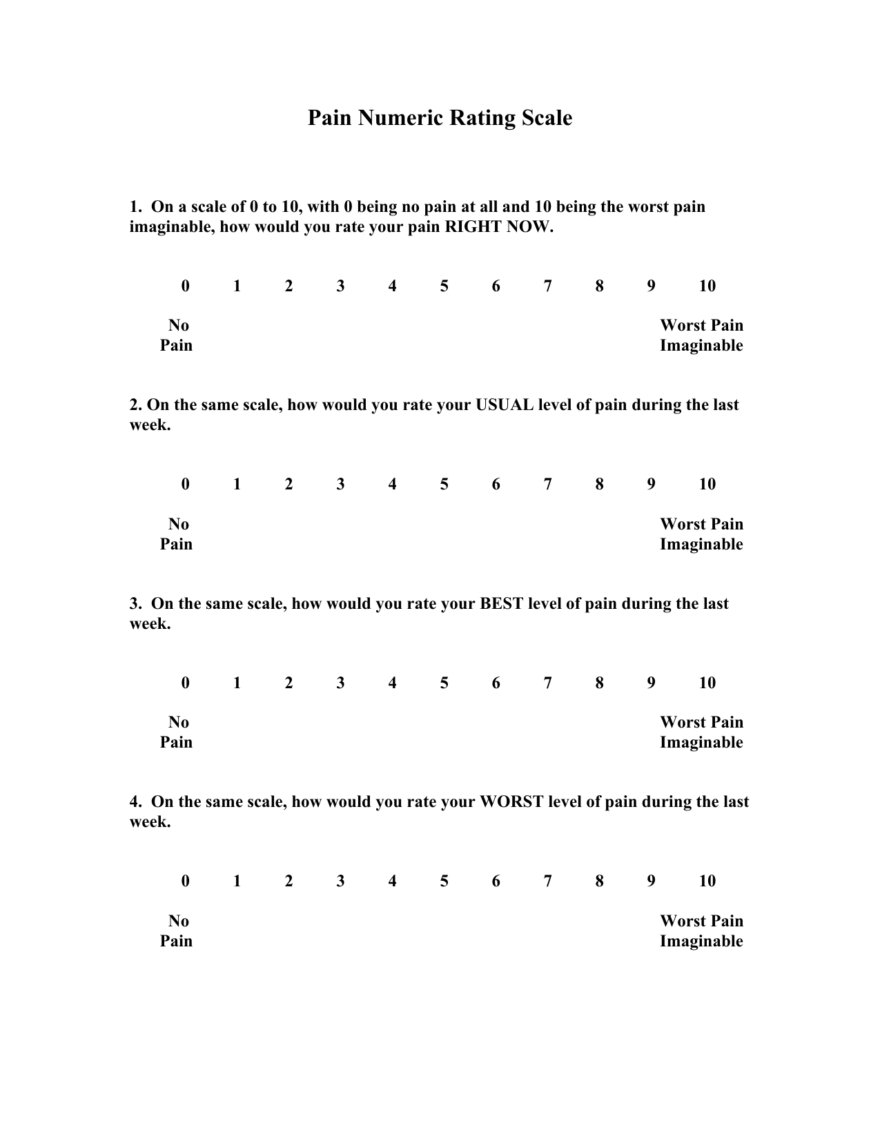 Numeric Pain Rating Scale (NPRS) PDF assessment form for measuring pain intensity.