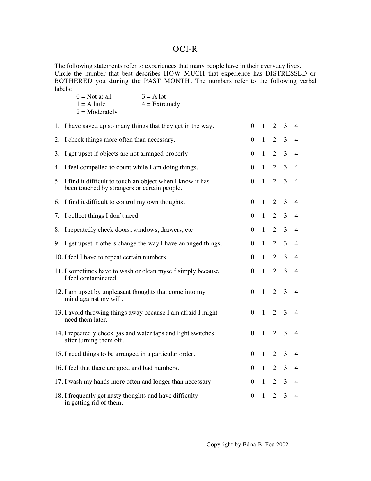 Obsessive-Compulsive Inventory - Revised (OCI-R) PDF assessment form for OCD symptoms.
