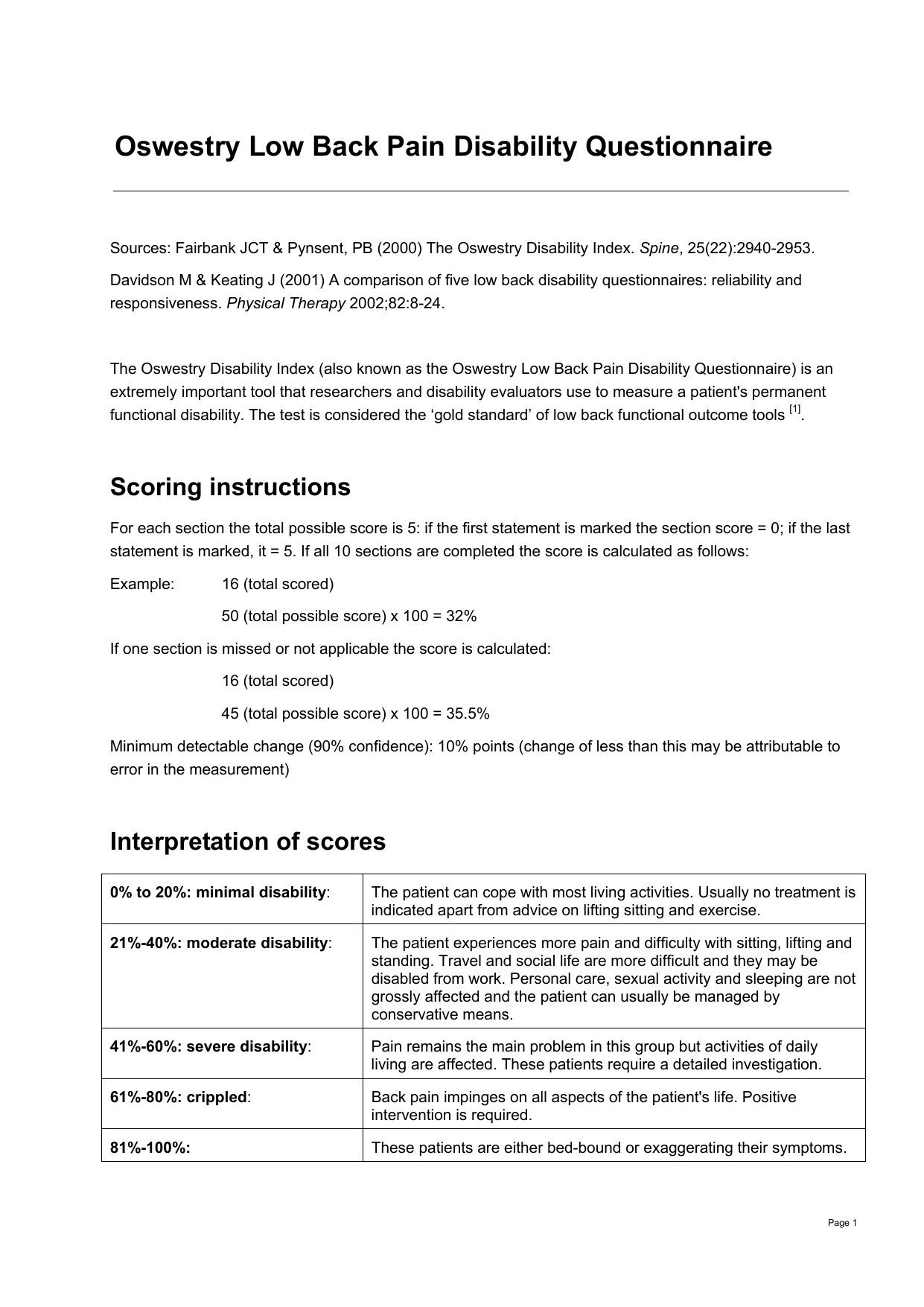 Oswestry Disability Index (ODI) PDF questionnaire for assessing low back pain disability.