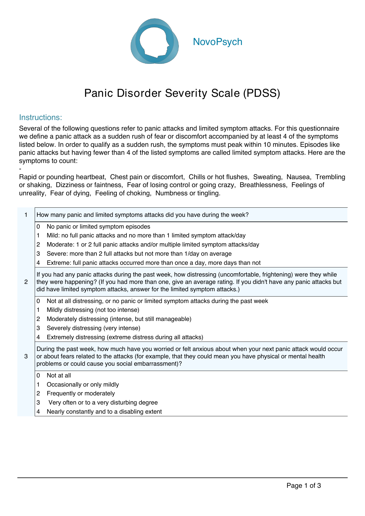Panic Disorder Severity Scale (PDSS) PDF assessment form for evaluating panic symptoms.