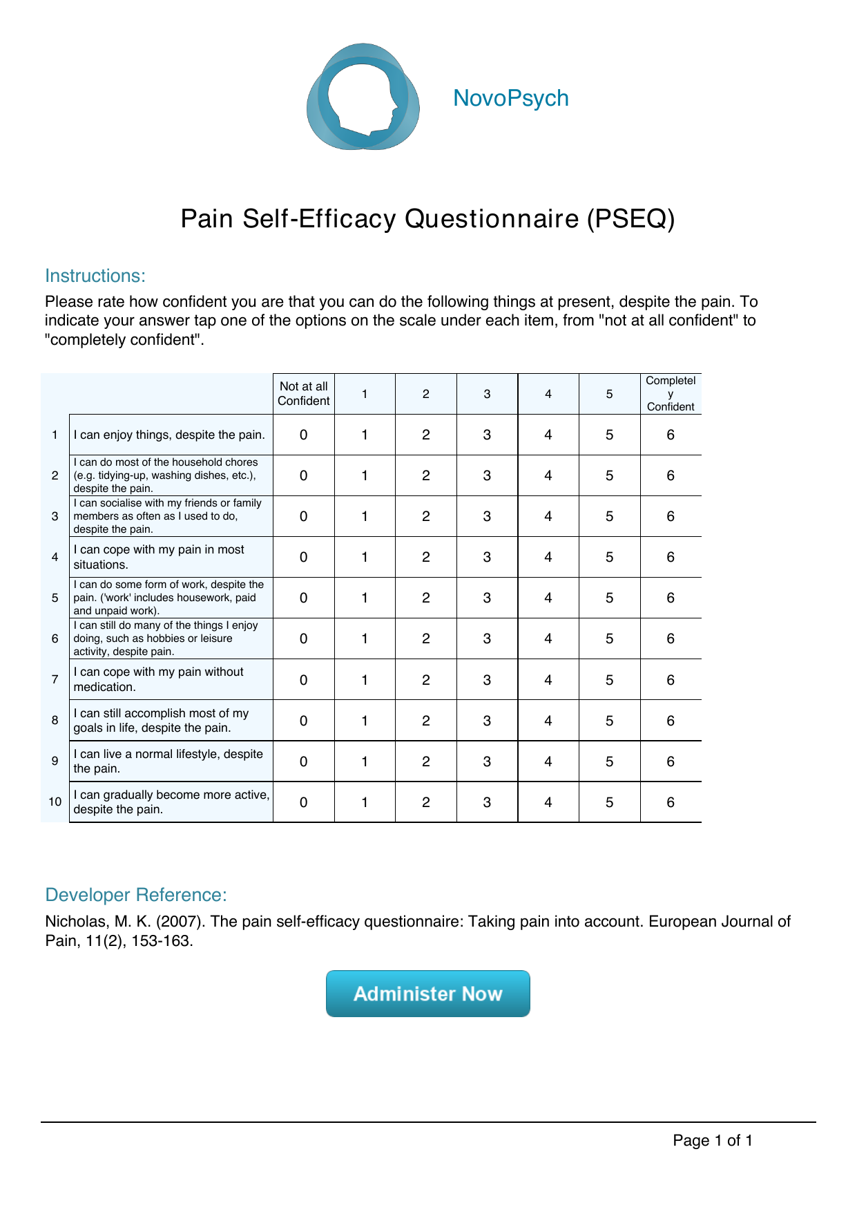 Pain Self-Efficacy Questionnaire (PSEQ) PDF assessment form for evaluating pain coping confidence.