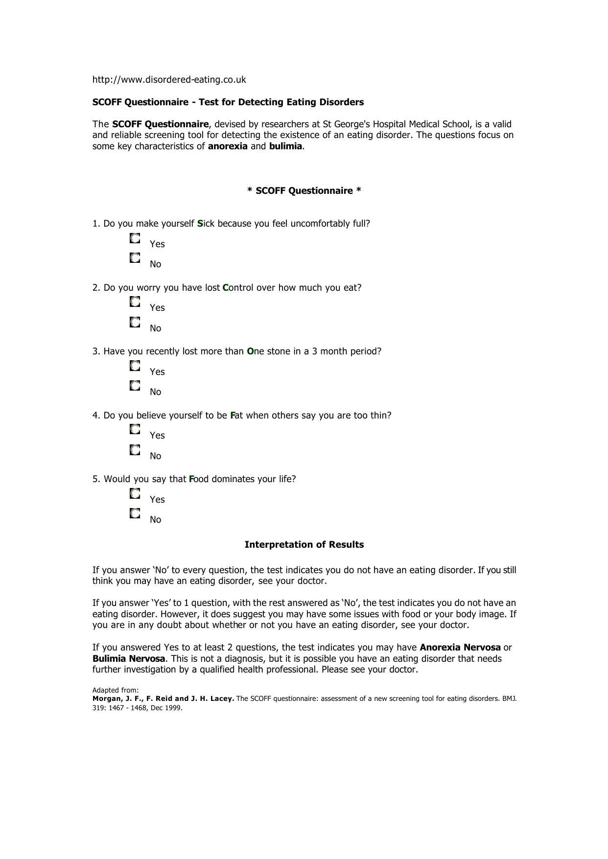 SCOFF Questionnaire PDF assessment form for eating disorder screening