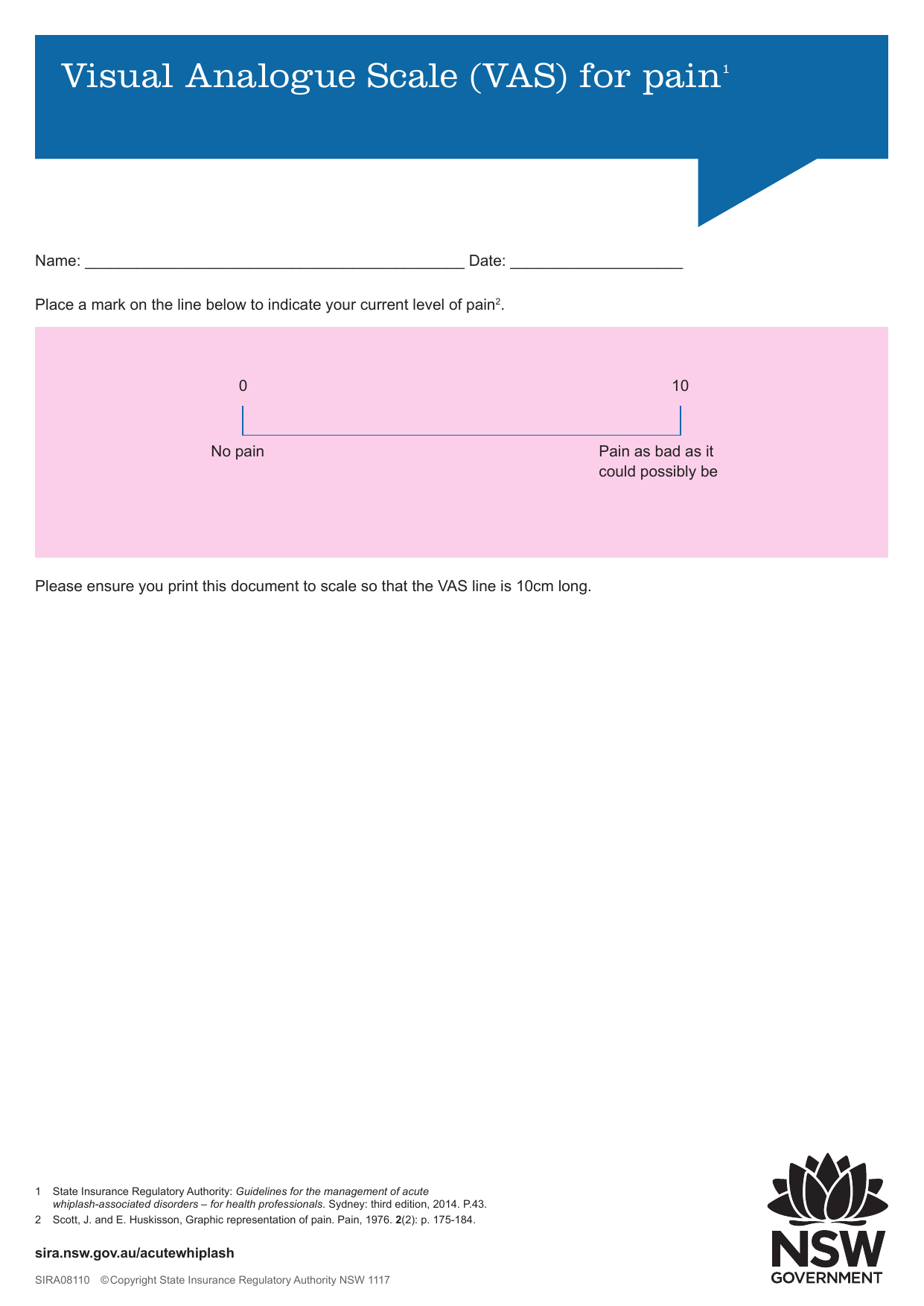 Visual Analogue Scale (VAS) clinical assessment PDF form for measuring pain intensity