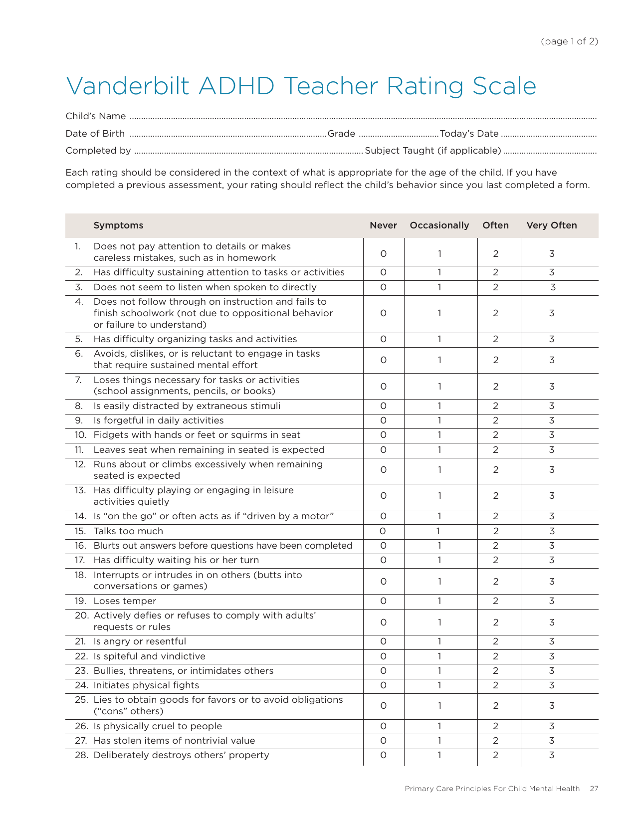 Vanderbilt ADHD Diagnostic Rating Scale PDF assessment form for evaluating ADHD symptoms