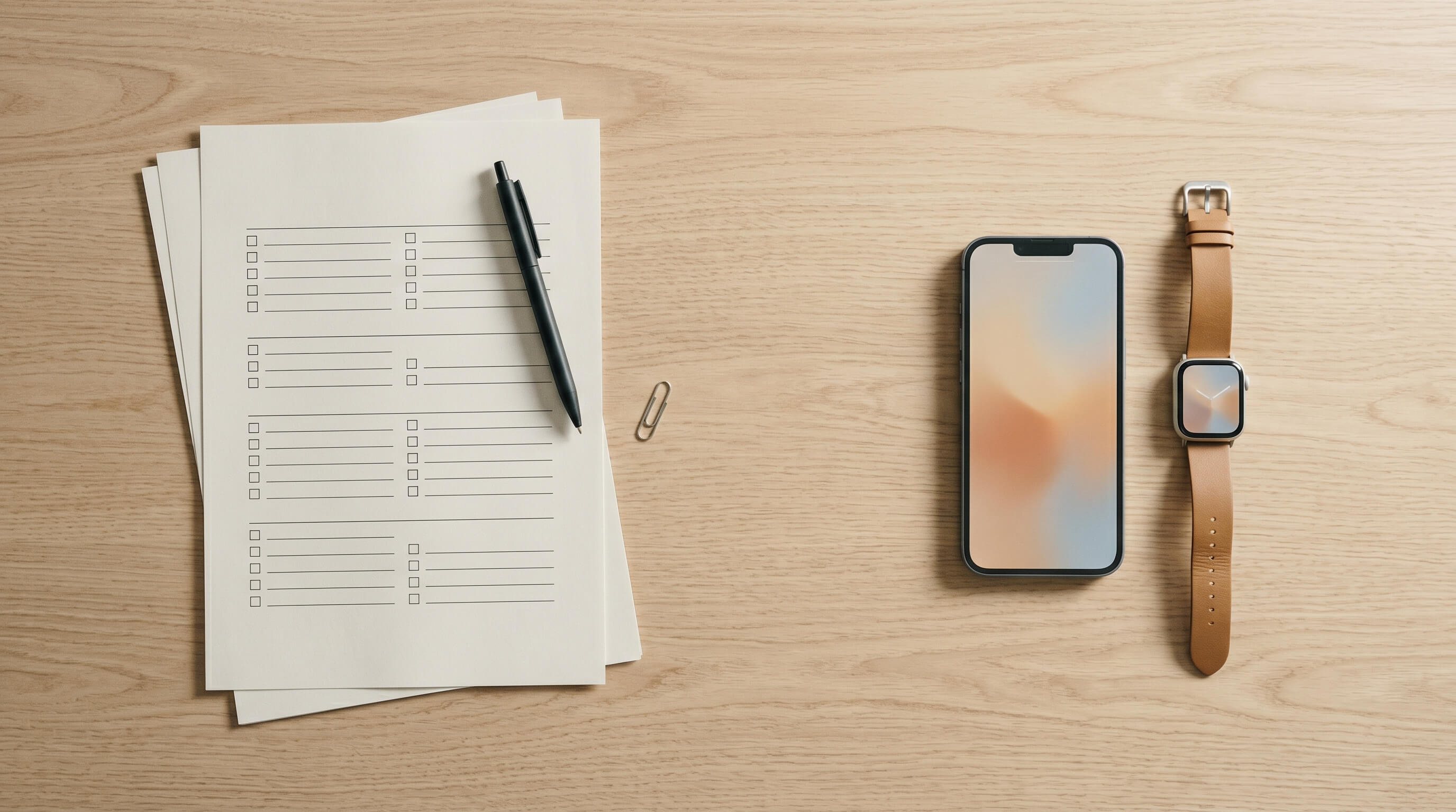 Flat lay comparing a paper PRO questionnaire and an ePRO smartphone for clinical trial data capture