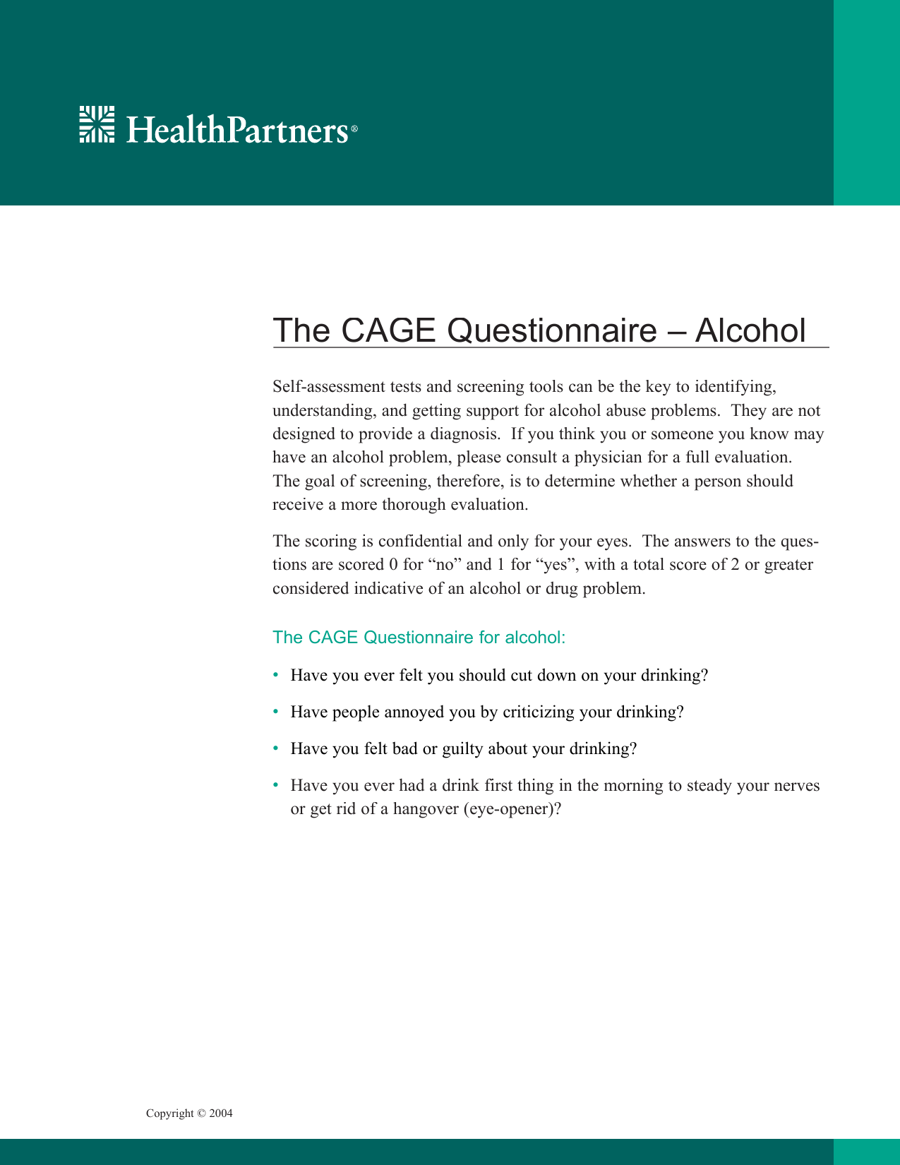CAGE Questionnaire PDF screening tool for identifying alcohol misuse