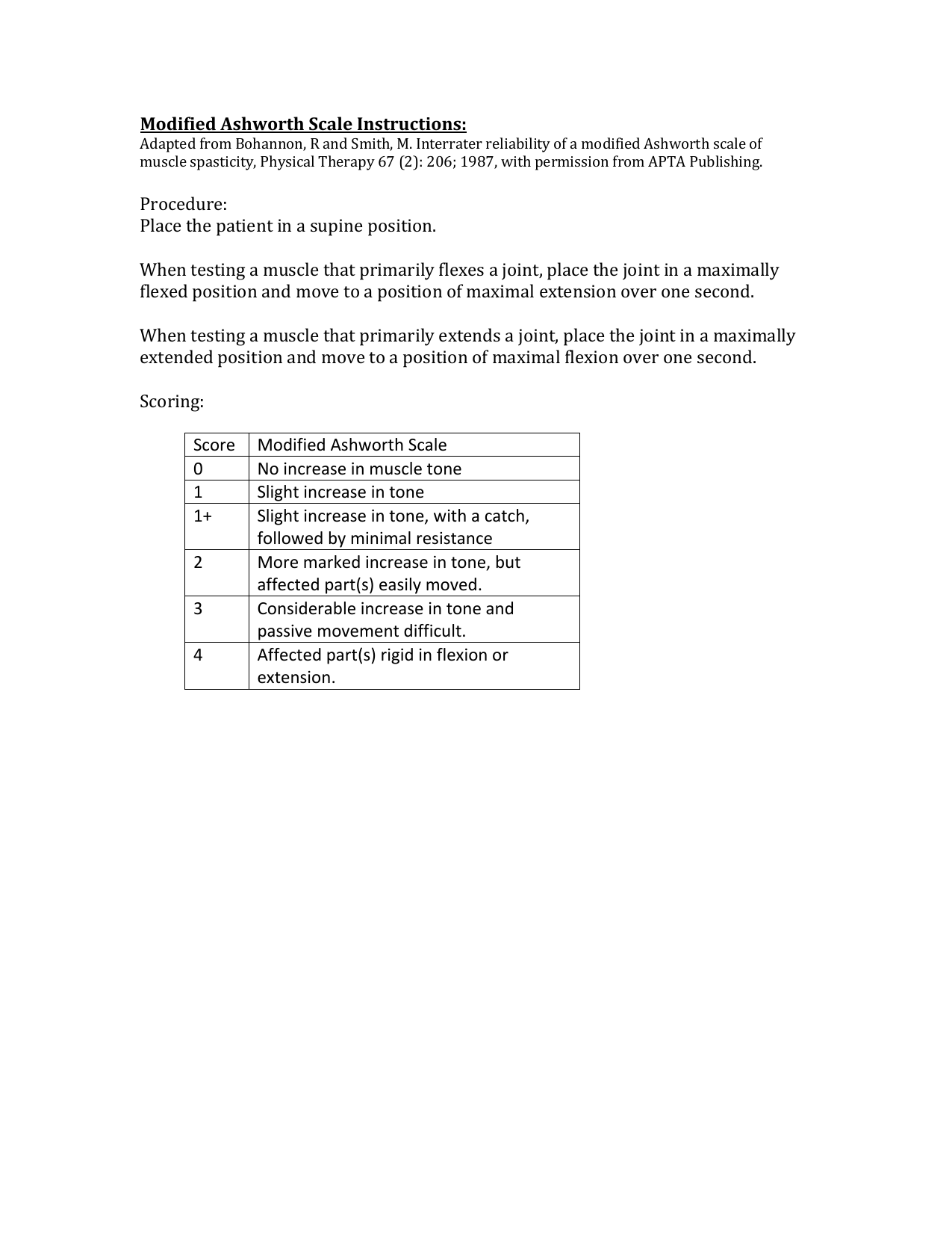 Modified Ashworth Scale (MAS) PDF assessment form for grading muscle spasticity