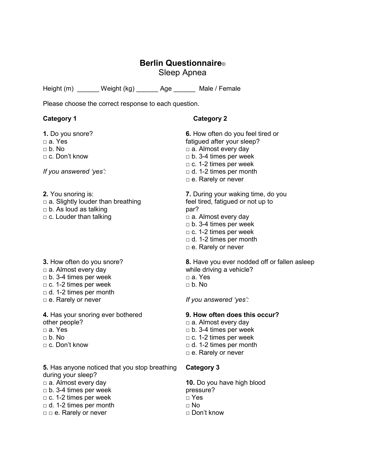 Berlin Questionnaire PDF screening form for assessing obstructive sleep apnoea risk