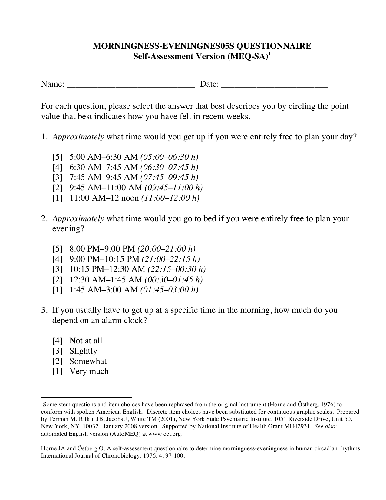 Morningness-Eveningness Questionnaire (MEQ) PDF self-assessment for measuring chronotype