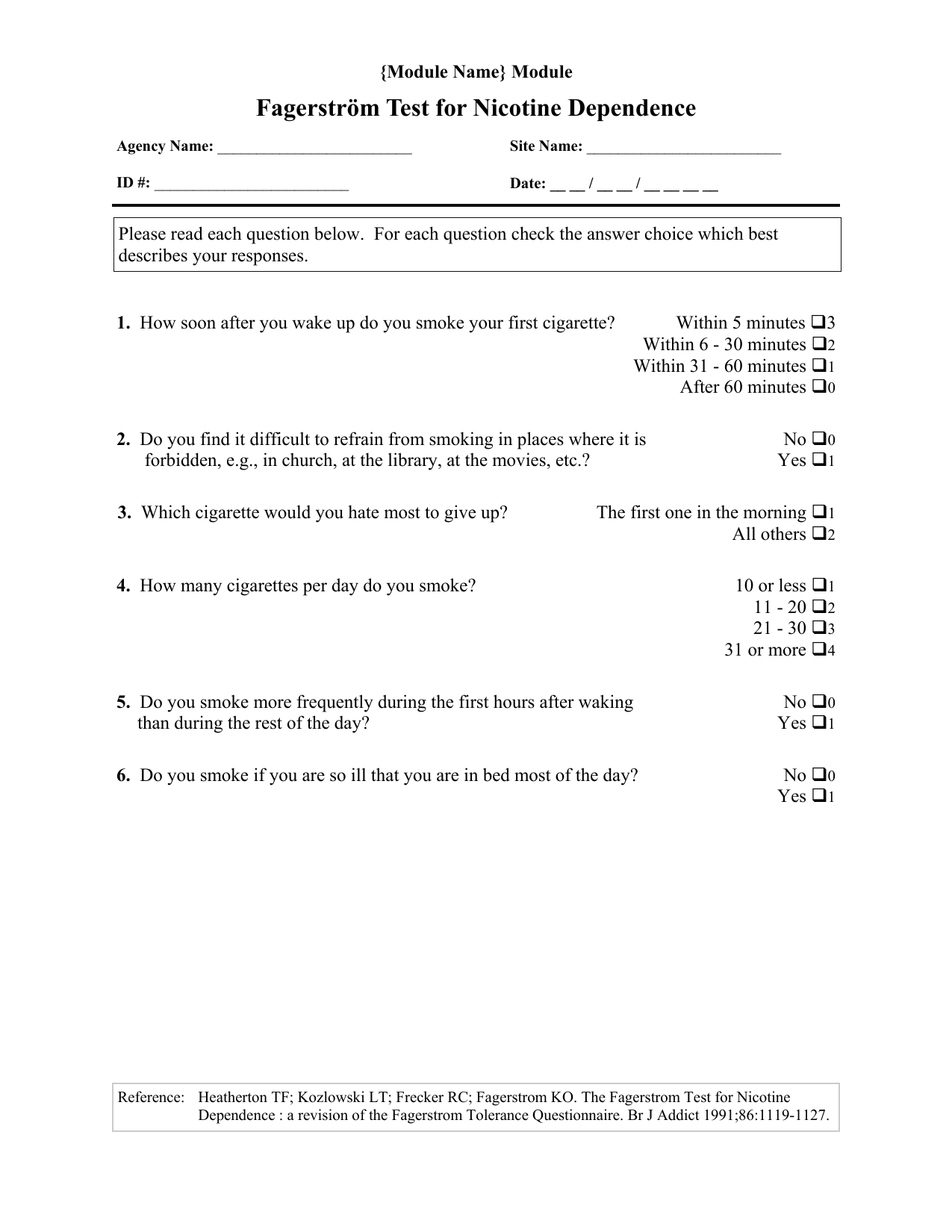 Fagerström Test for Nicotine Dependence (FTND) PDF questionnaire for grading nicotine dependence