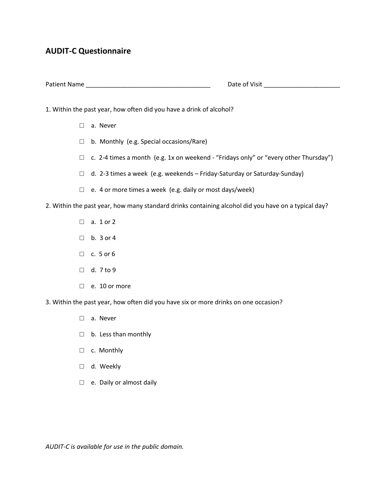 AUDIT-C PDF questionnaire for screening hazardous drinking