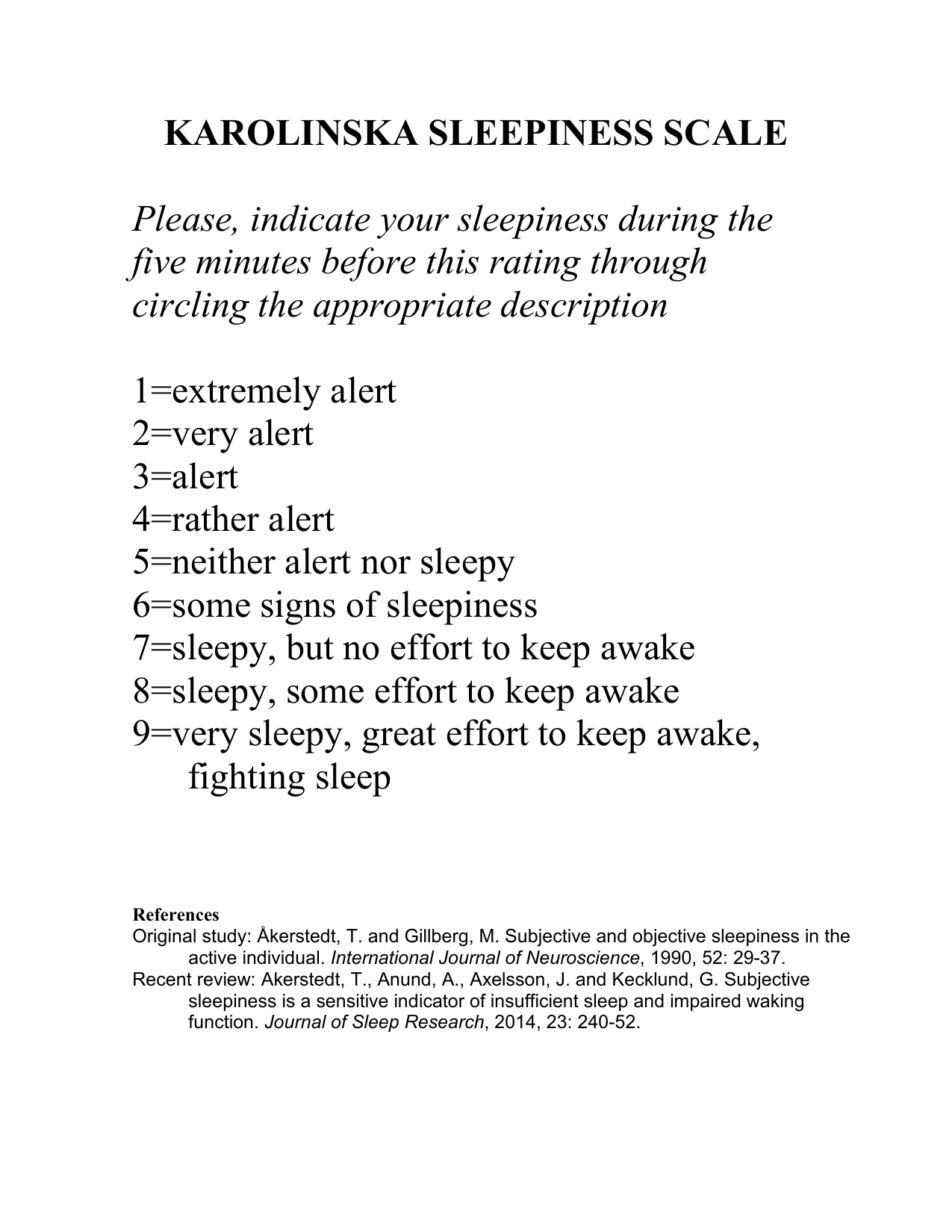 Karolinska Sleepiness Scale (KSS) PDF rating form for measuring momentary sleepiness