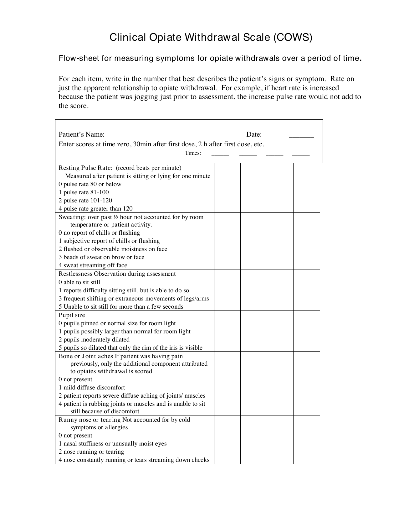 Clinical Opiate Withdrawal Scale (COWS) PDF assessment form for grading opioid withdrawal