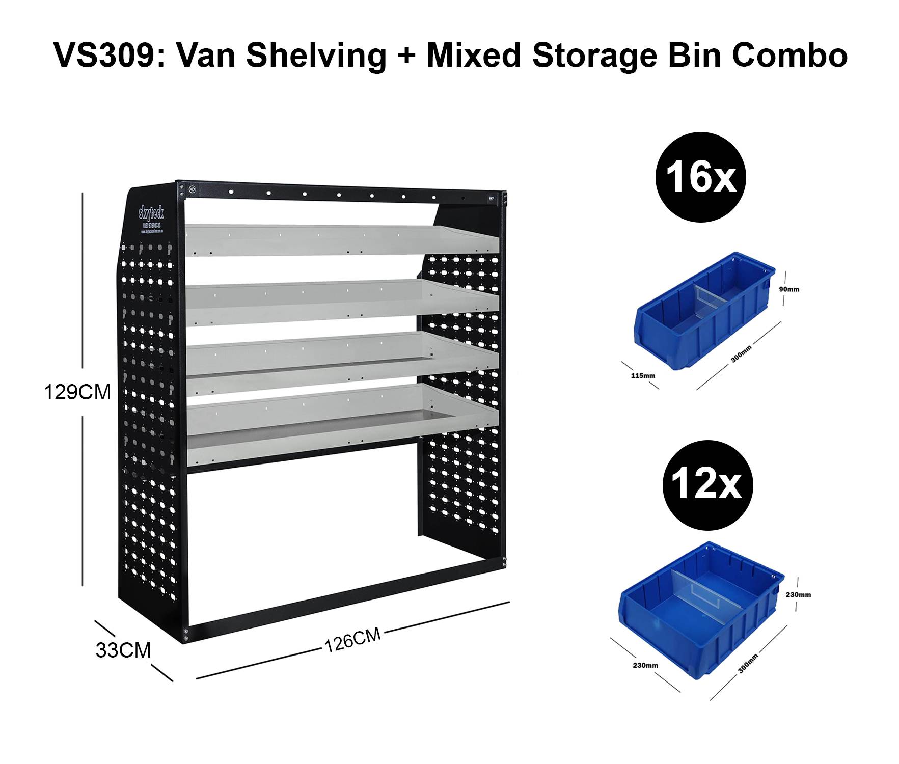 Van Shelving Mixed Storage Bin Combo 126CM(L) X 33CM(D) X 129CM(H)