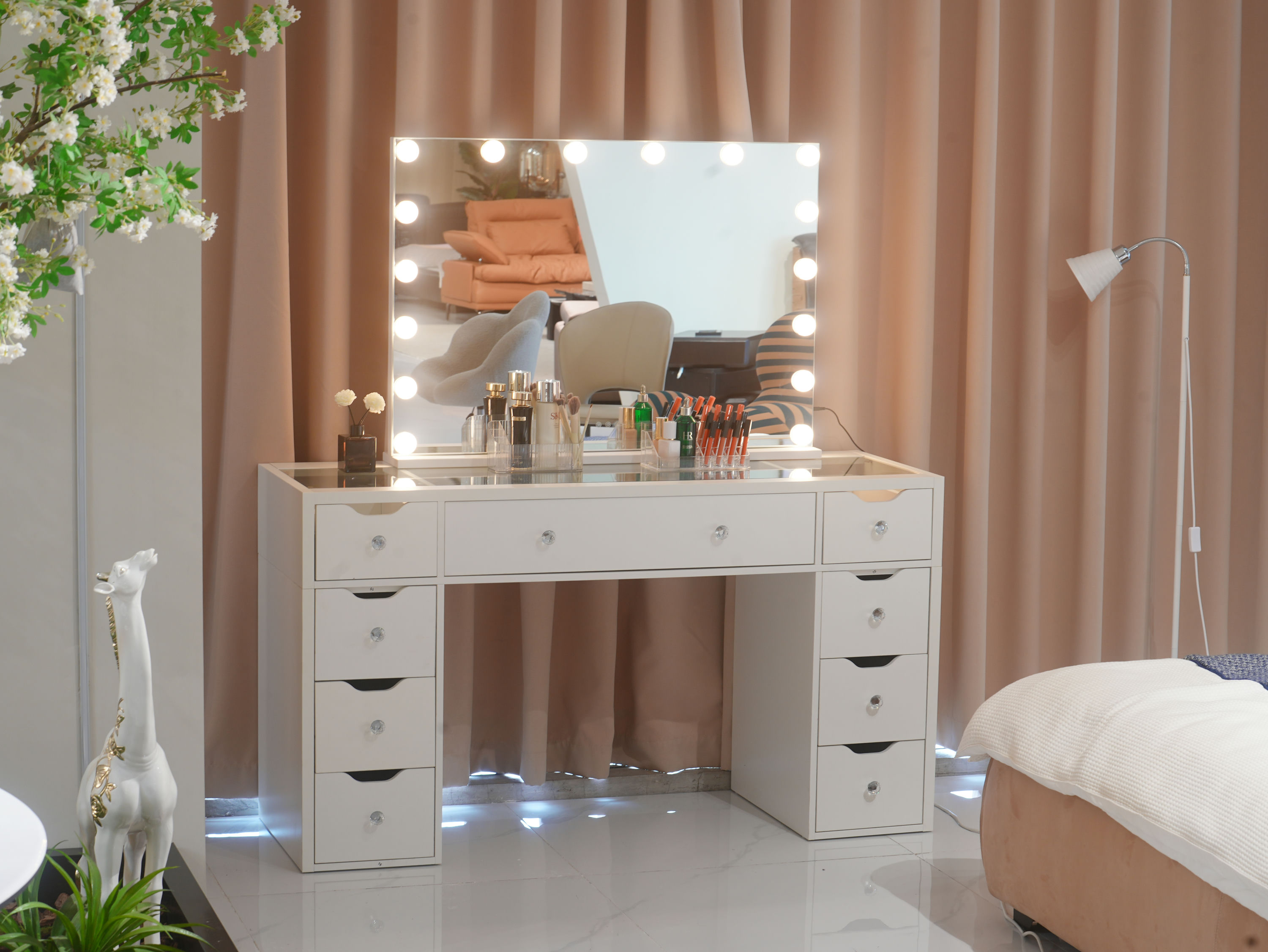 WHITE GLASS TOP MAKE-UP DRESSER TABLE WITH LED MIRROR WITH 9 DRAWERS KL-DS12N