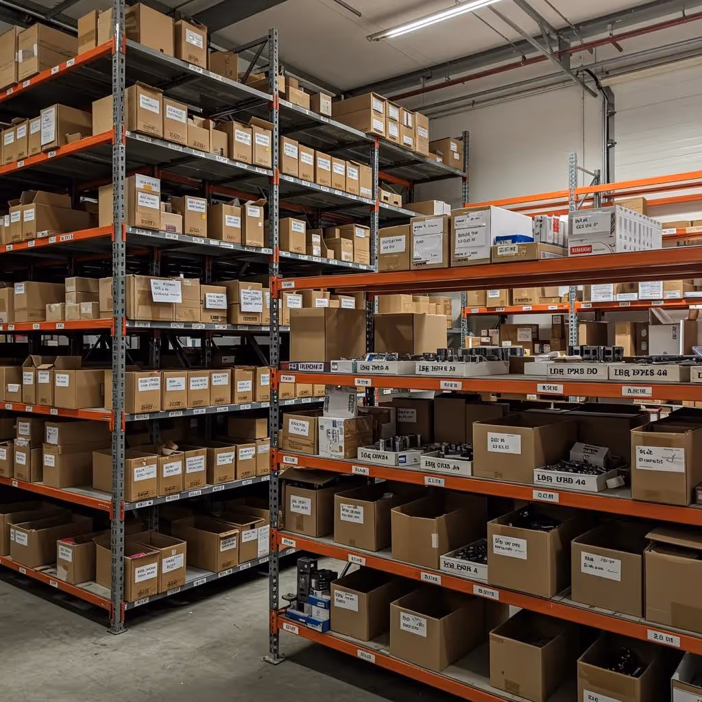 Shelving system in a warehouse filled with small parts and cartons, showcasing organized inventory