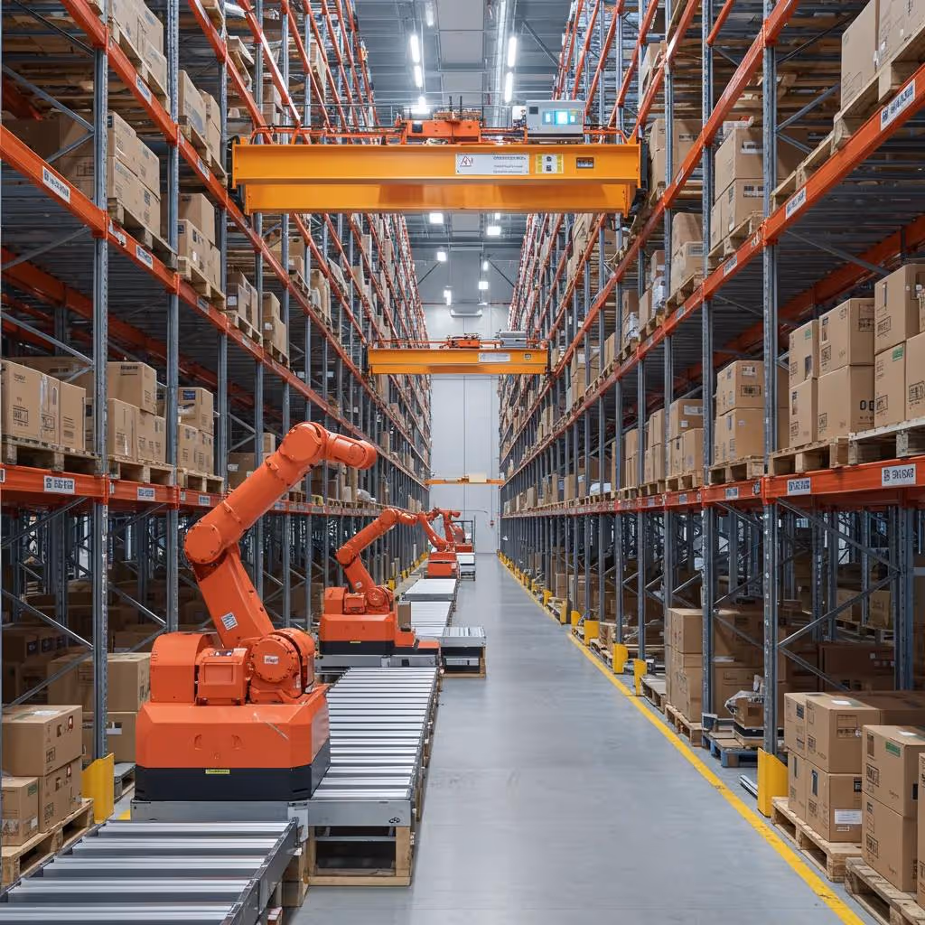 Automated Storage and Retrieval System (AS/RS) with robotic shuttles moving goods in a warehouse