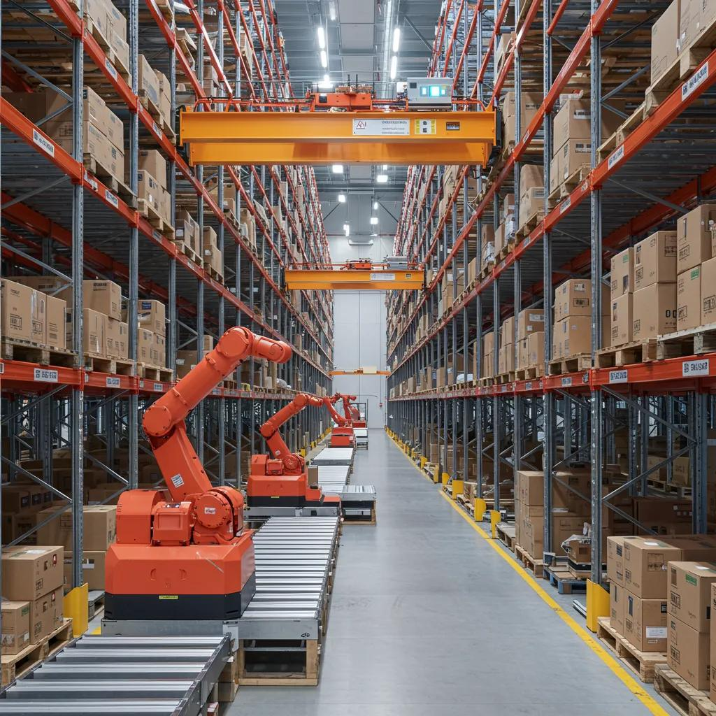 Automated Storage and Retrieval System (AS/RS) with robotic shuttles moving goods in a warehouse
