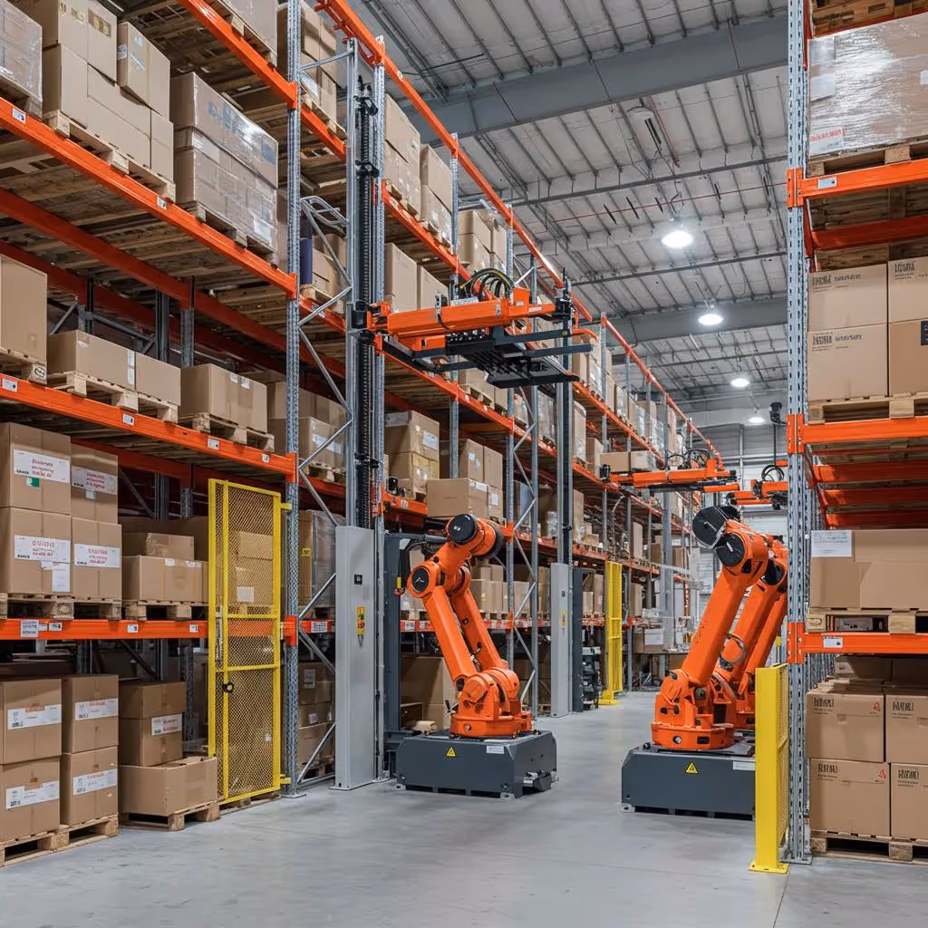 Automated warehouse storage solutions with robots and vertical lift modules in action