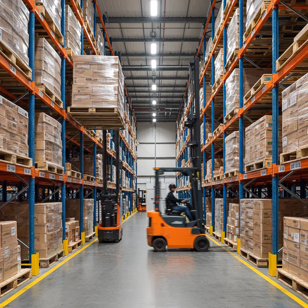 Drive-in and drive-through racking systems maximizing storage density in a warehouse