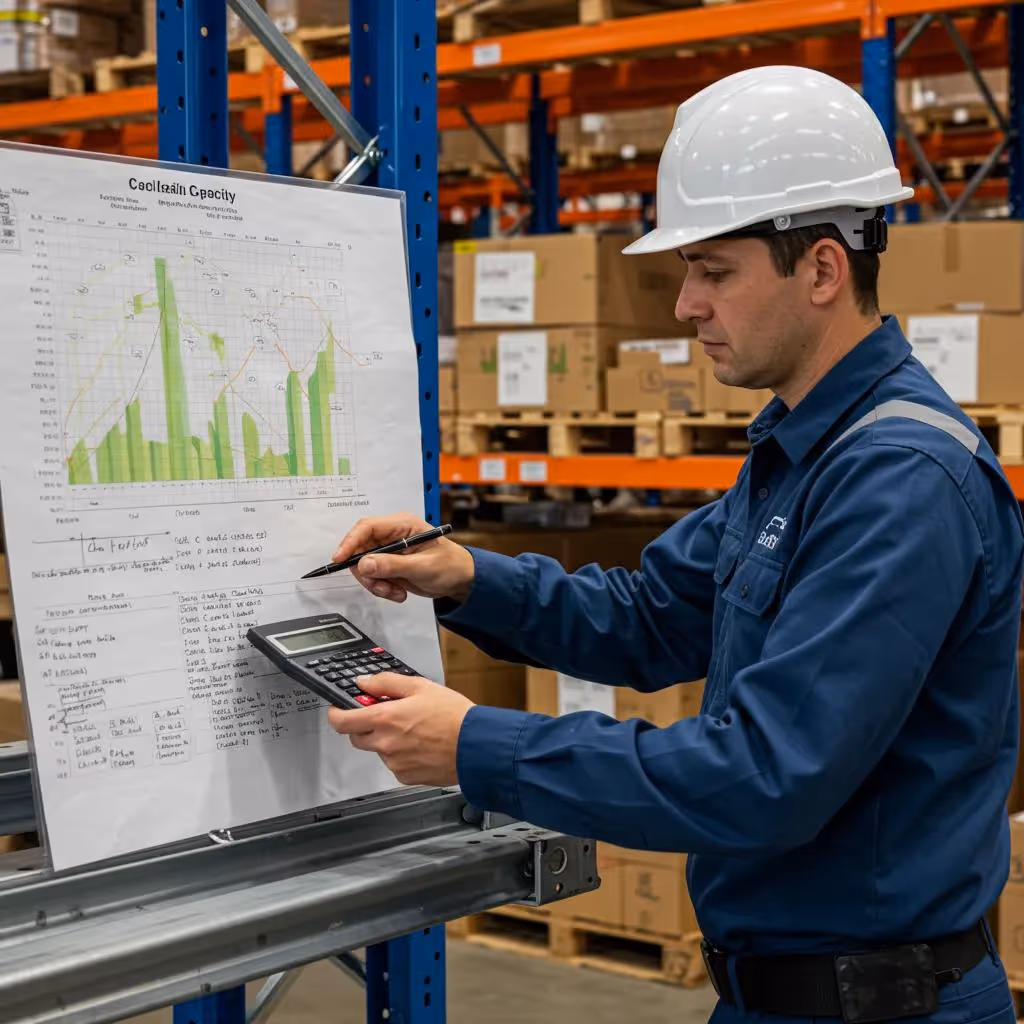 Warehouse engineer calculating beam capacity with load charts and tools