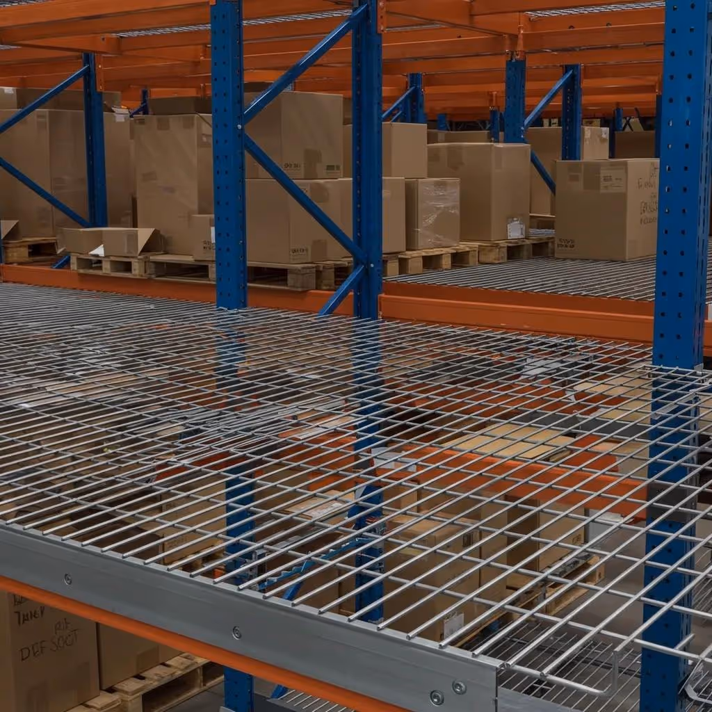 Wire decking on pallet racks, illustrating its design and benefits for safety and air circulation