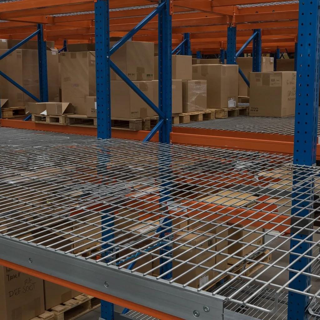 Wire decking on pallet racks, illustrating its design and benefits for safety and air circulation
