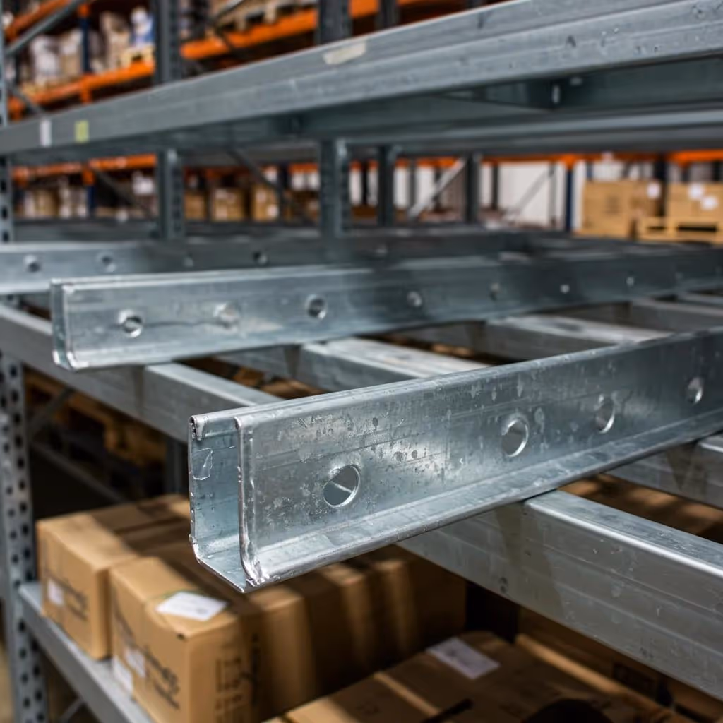 Close-up of galvanized steel pallet racking showcasing corrosion resistance in general storage