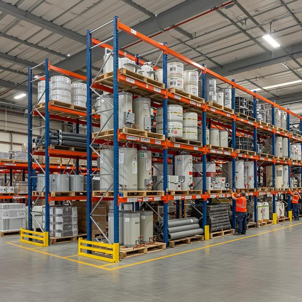Heavy-duty steel pallet racking system supporting various supplies in a warehouse