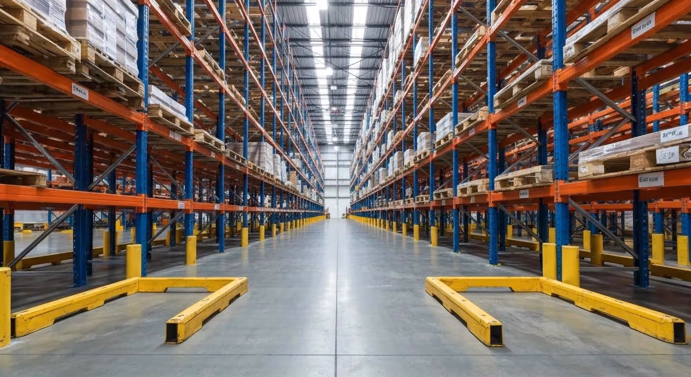 Warehouse aisle showing essential clearance requirements between pallet racks for safety and efficiency