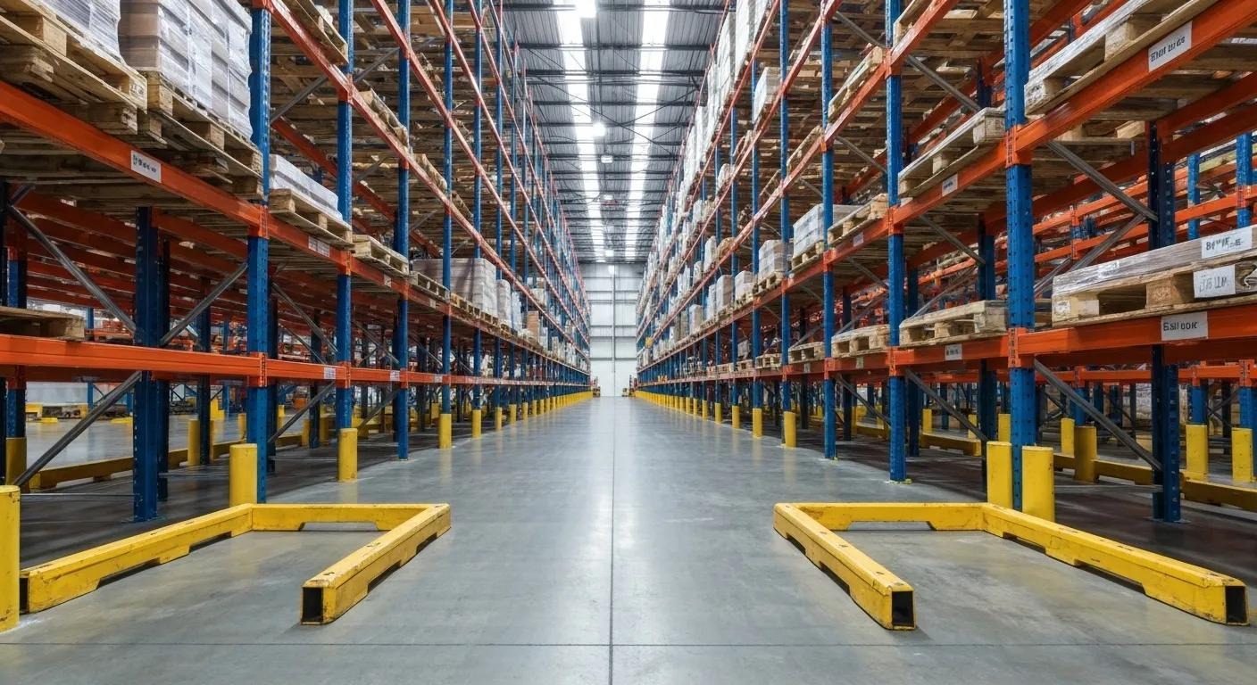 Warehouse aisle showing essential clearance requirements between pallet racks for safety and efficiency