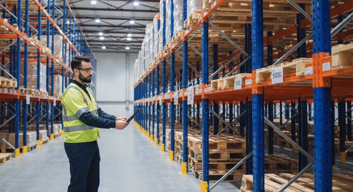 Safety officer inspecting pallet racking systems, highlighting compliance with safety standards and regulations
