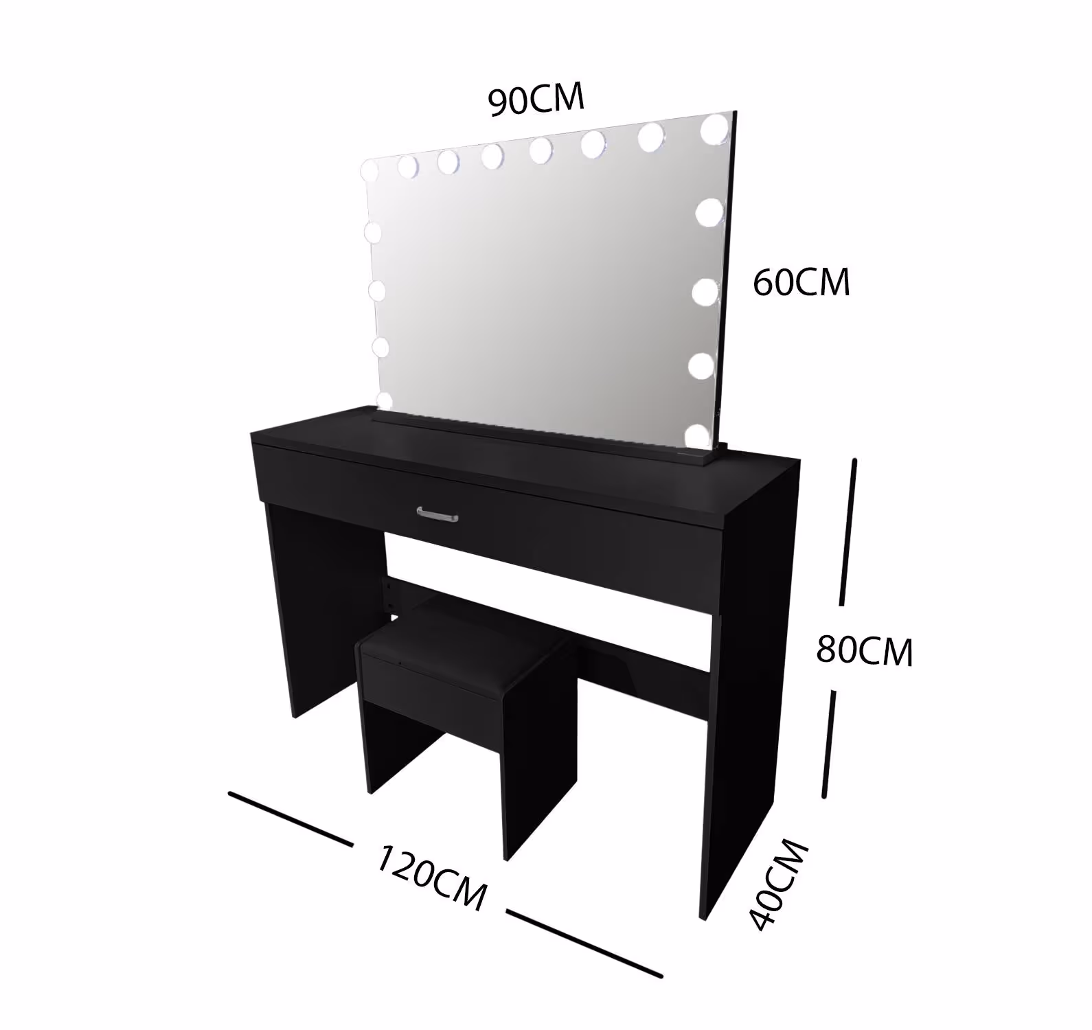 BLACK MAKE-UP DRESSER TABLE WITH LED MIRROR WITH DRAWER & PULL OUT CHAIR KL-DS02K