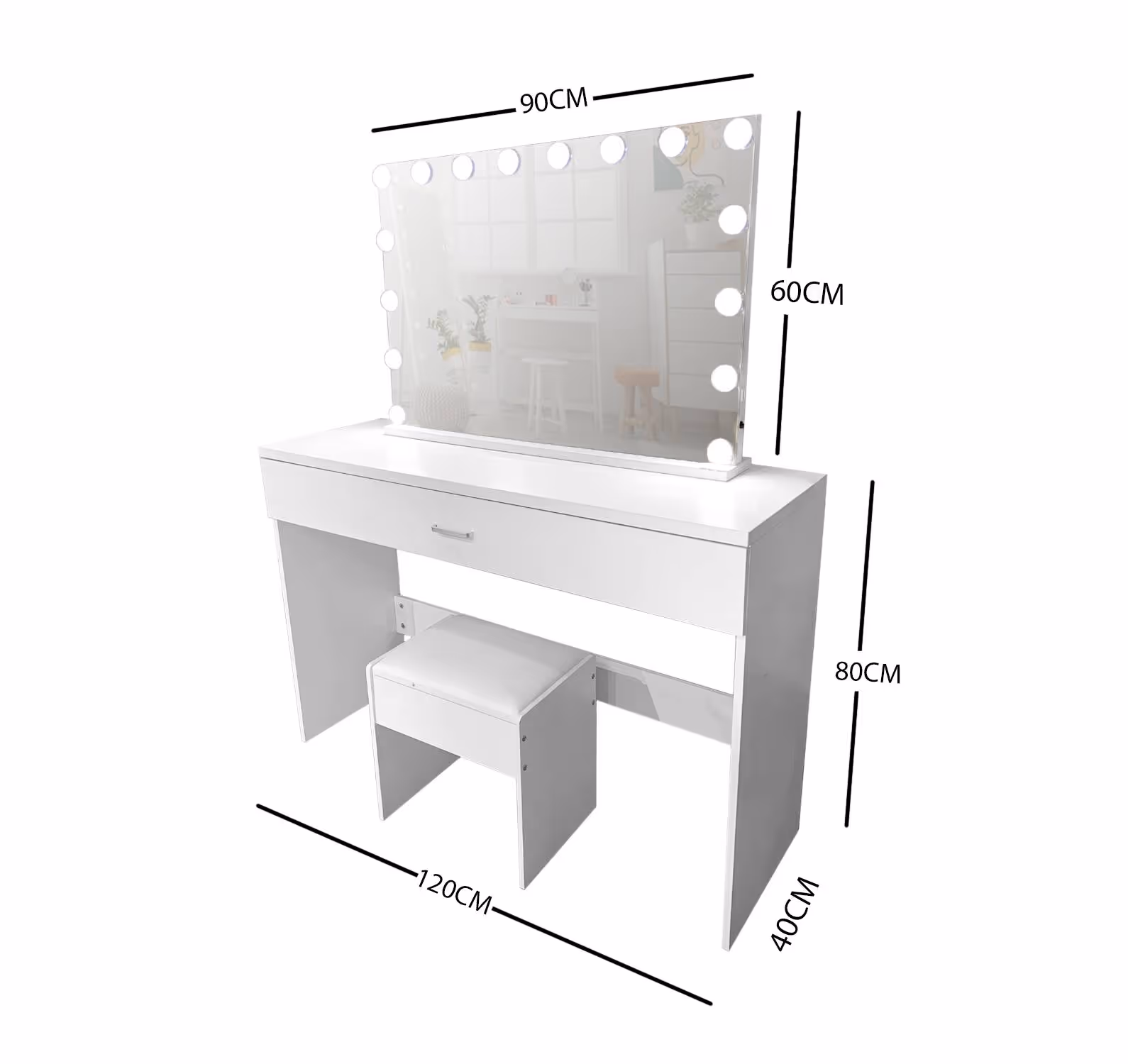WHITE MAKE-UP DRESSER TABLE WITH LED MIRROR WITH DRAWER & PULL OUT CHAIR KL-DS02N