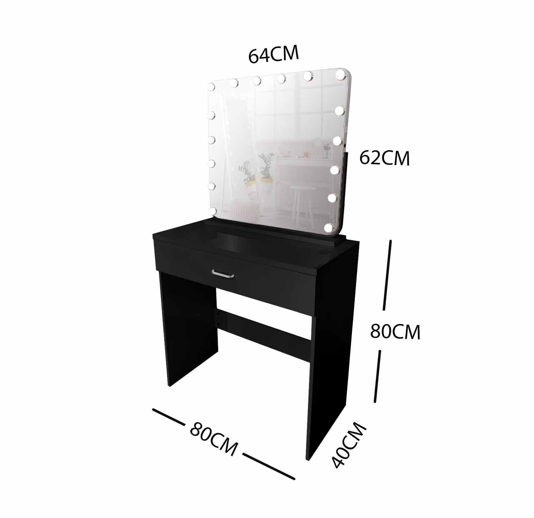 BLACK MAKE-UP DRESSER TABLE WITH TILT ADJUSTABLE LED MIRROR WITH DRAWER & PULL OUT CHAIR KL-DS03K