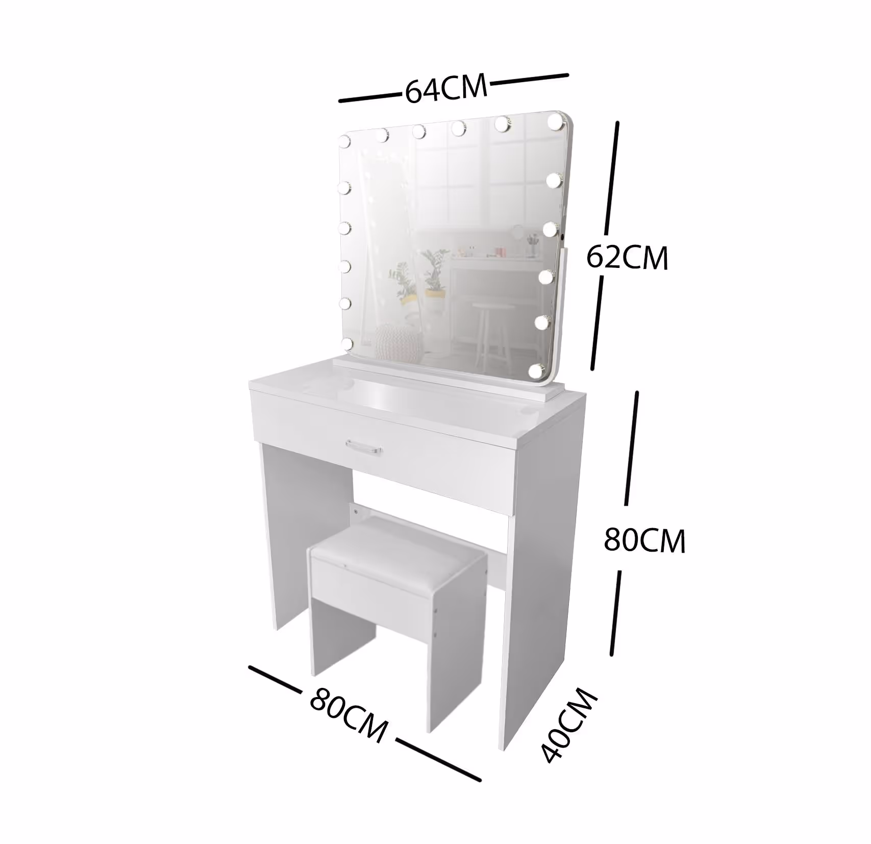 WHITE MAKE-UP DRESSER TABLE WITH TILT ADJUSTABLE LED MIRROR WITH DRAWER & PULL OUT CHAIR KL-DS03N