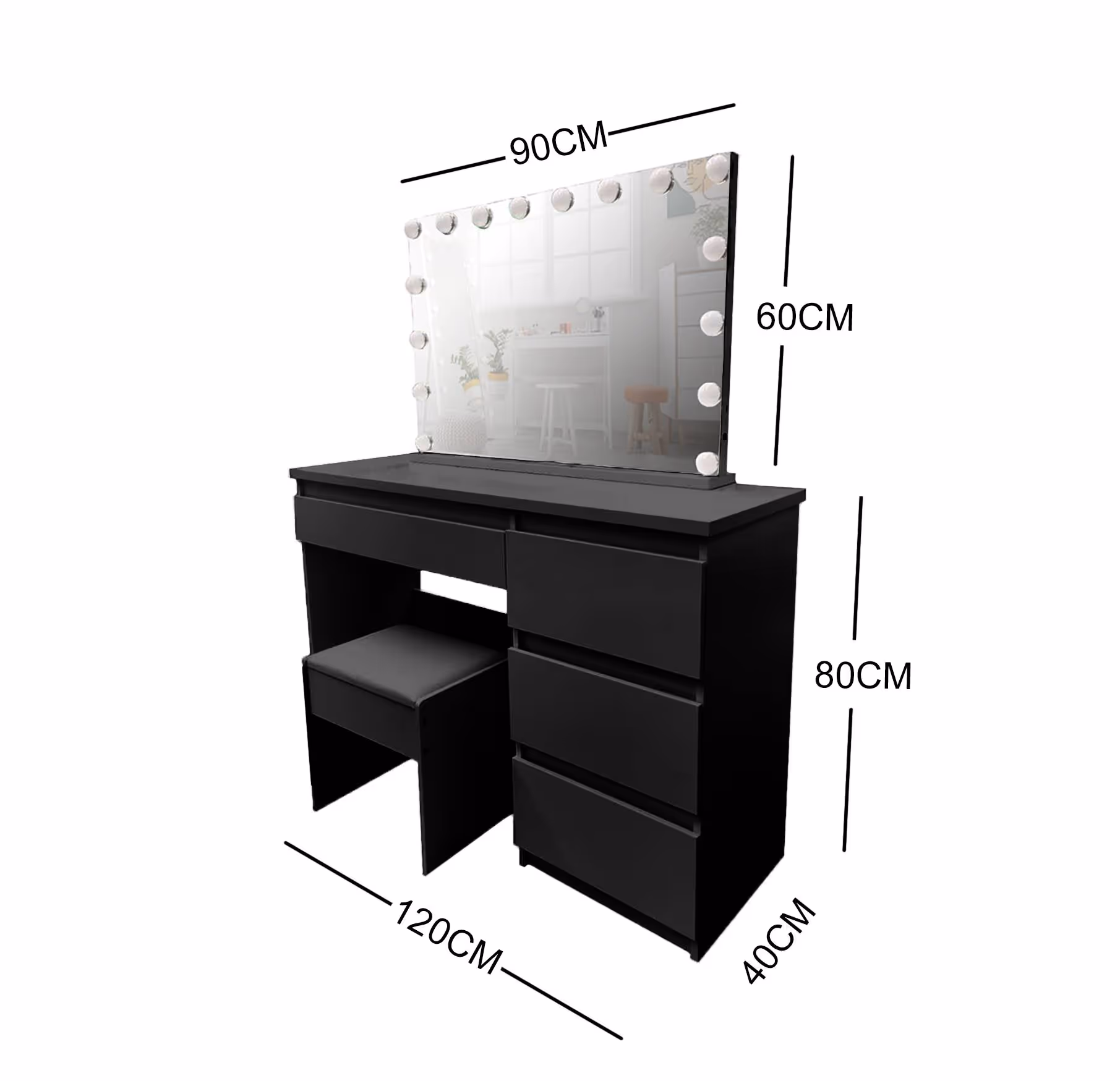 BLACK MAKE-UP DRESSER TABLE WITH LED MIRROR WITH DRAWERS & PULL OUT CHAIR KL-DS04K