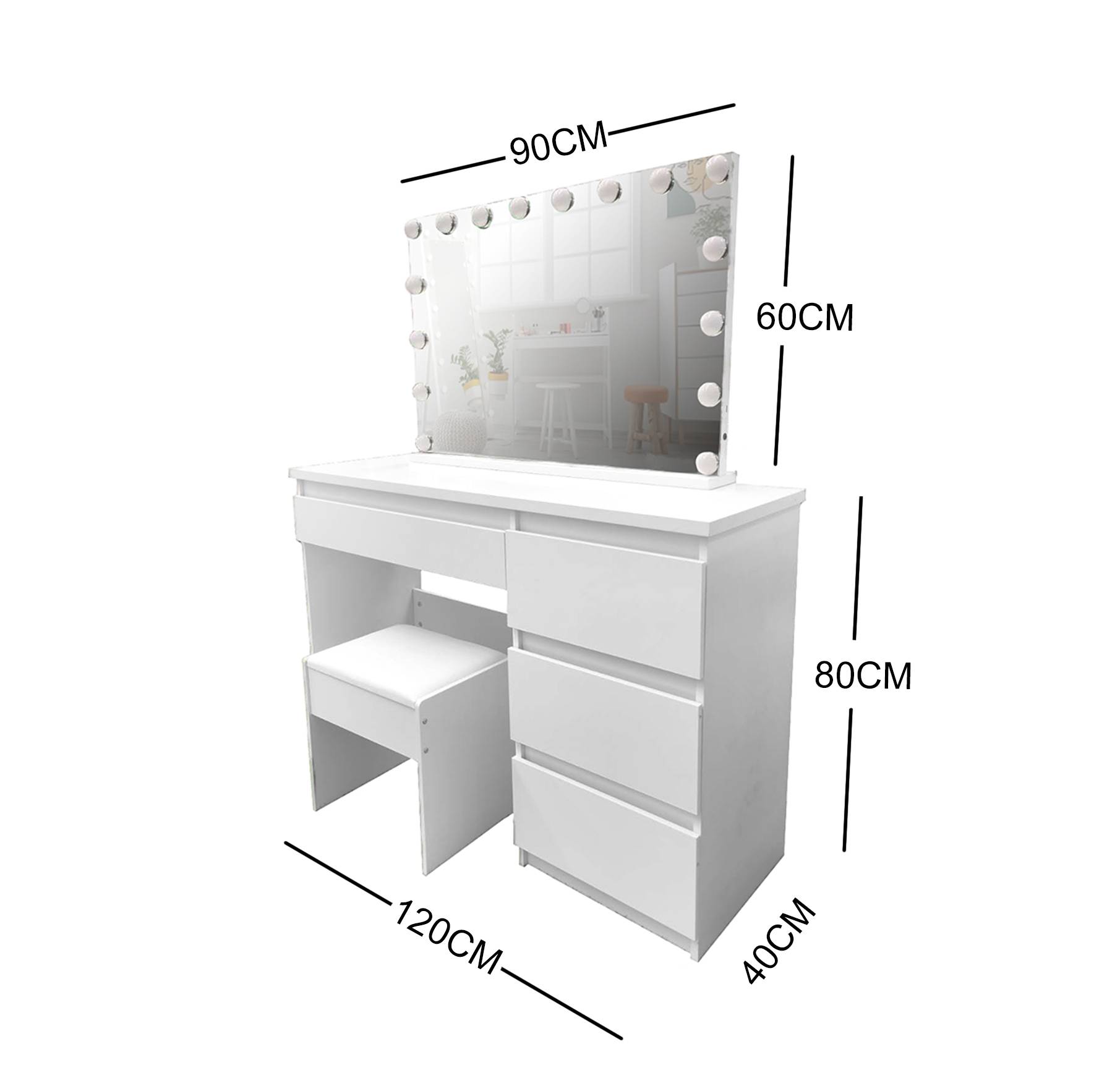 WHITE MAKE-UP DRESSER TABLE WITH LED MIRROR WITH DRAWERS & PULL OUT CHAIR KL-DS04N