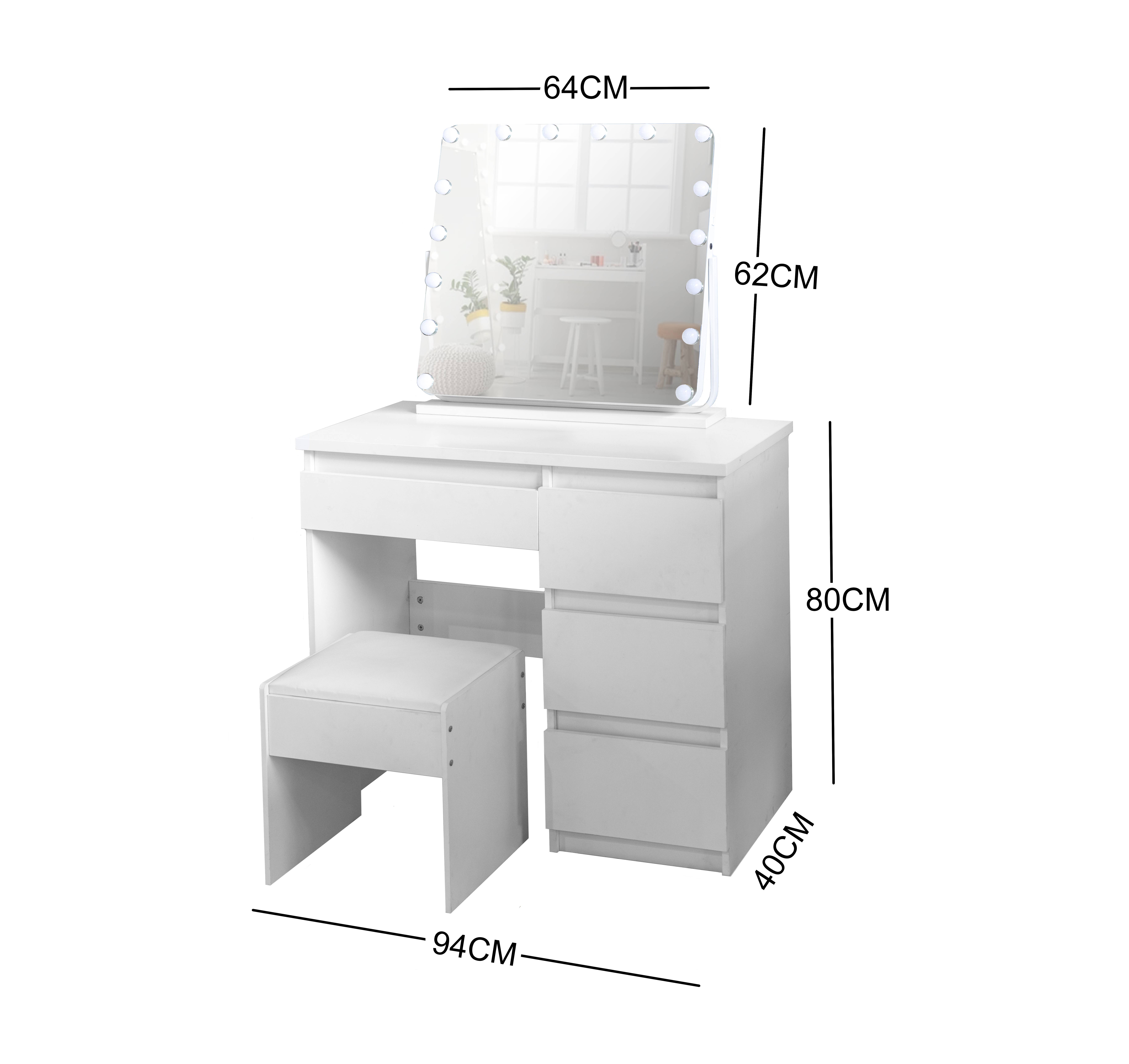 WHITE MAKE-UP DRESSER TABLE WITH TILT ADJUSTABLE LED MIRROR WITH DRAWERS & PULL OUT CHAIR KL-DS05N