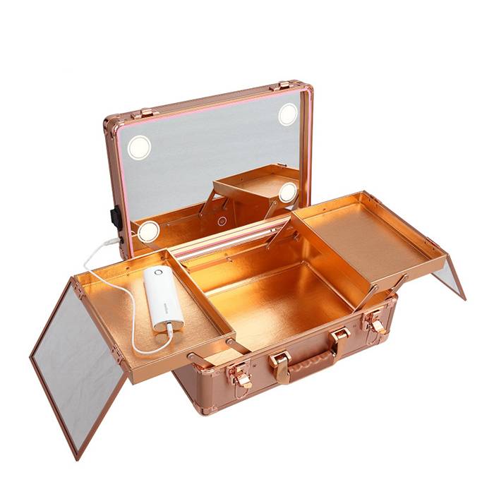 PROFESSIONAL COSMETIC MAKEUP CASE ORGANIZER TROLLEY LED MIRROR ROSE GOLD LC019