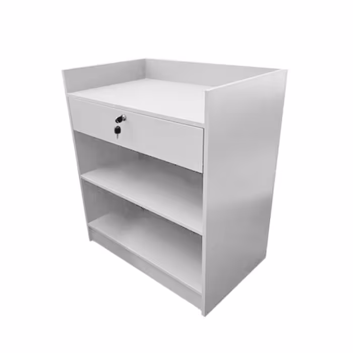 80CM WHITE COMPACT RECEPTION DESK COUNTER WITH DRAWER & 2 SHELVES